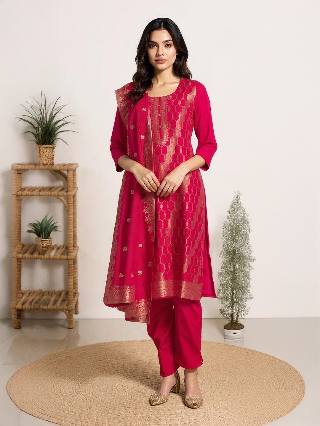 Women Silky Crush Embroidered Kurti Set Dark Pink EKS70