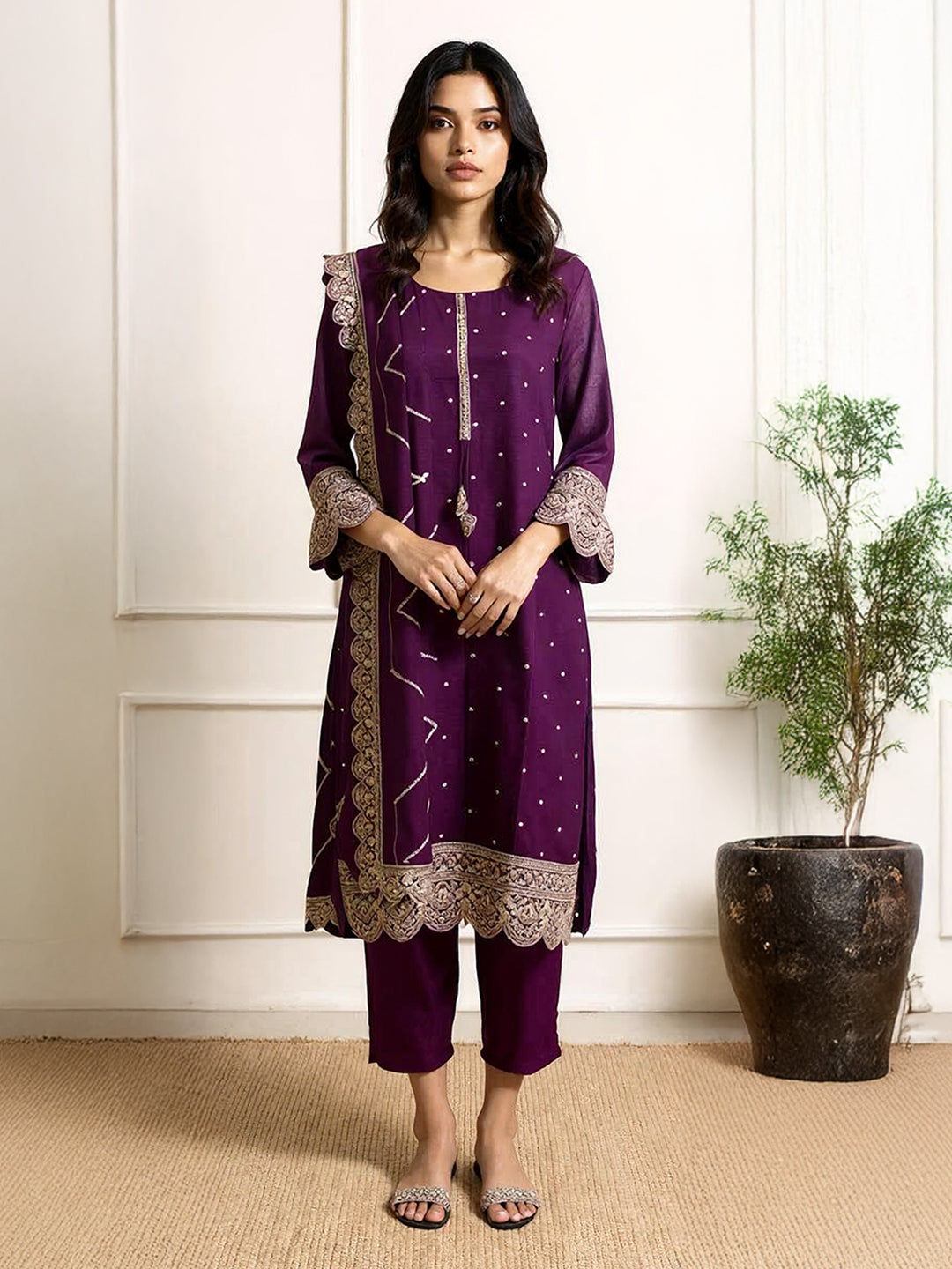 Women Silky Crush Embroidered Kurti Set Dark Purple EKS71