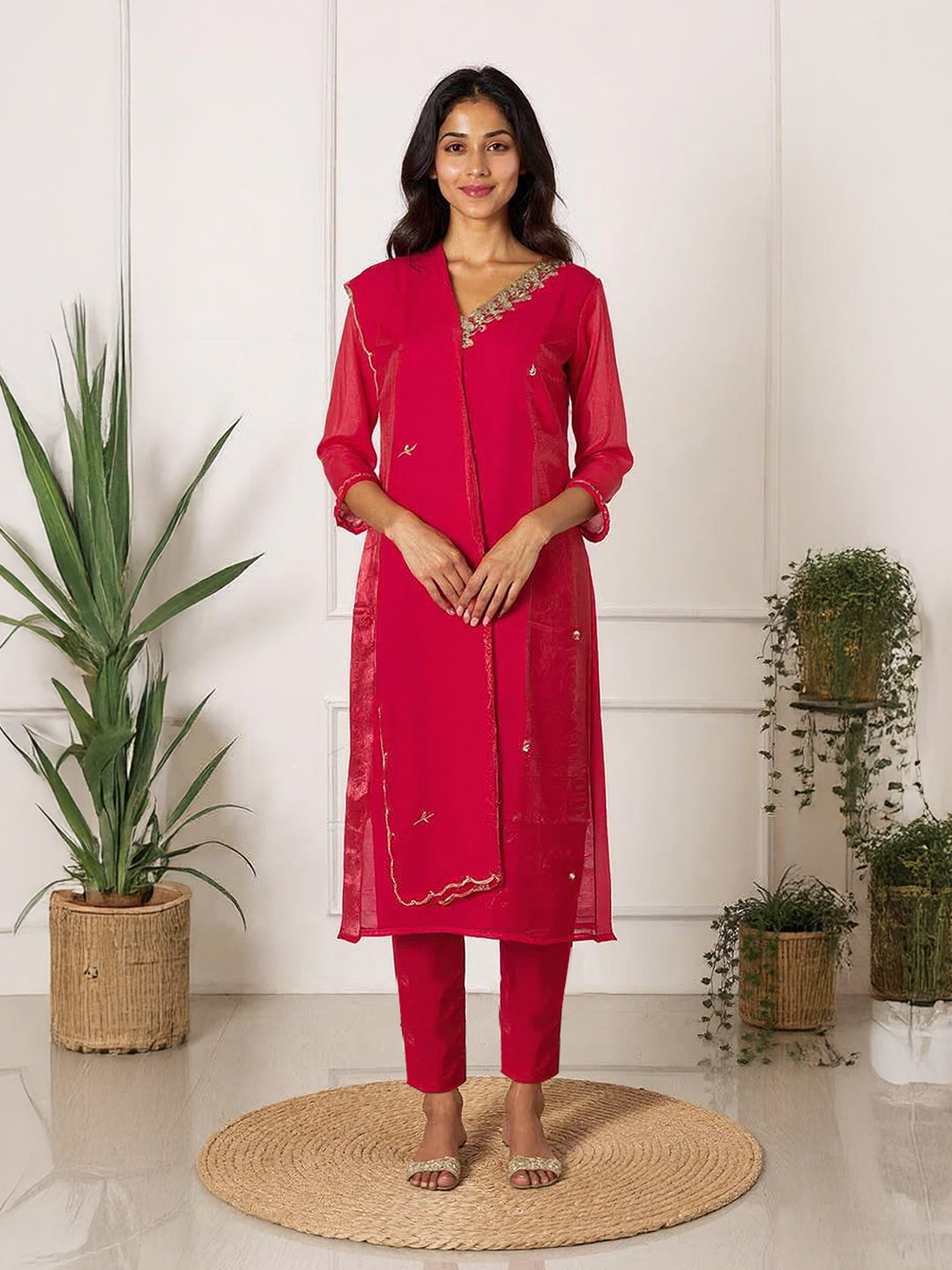 Women Silky Crush Embroidered Kurti Set Red EKS72