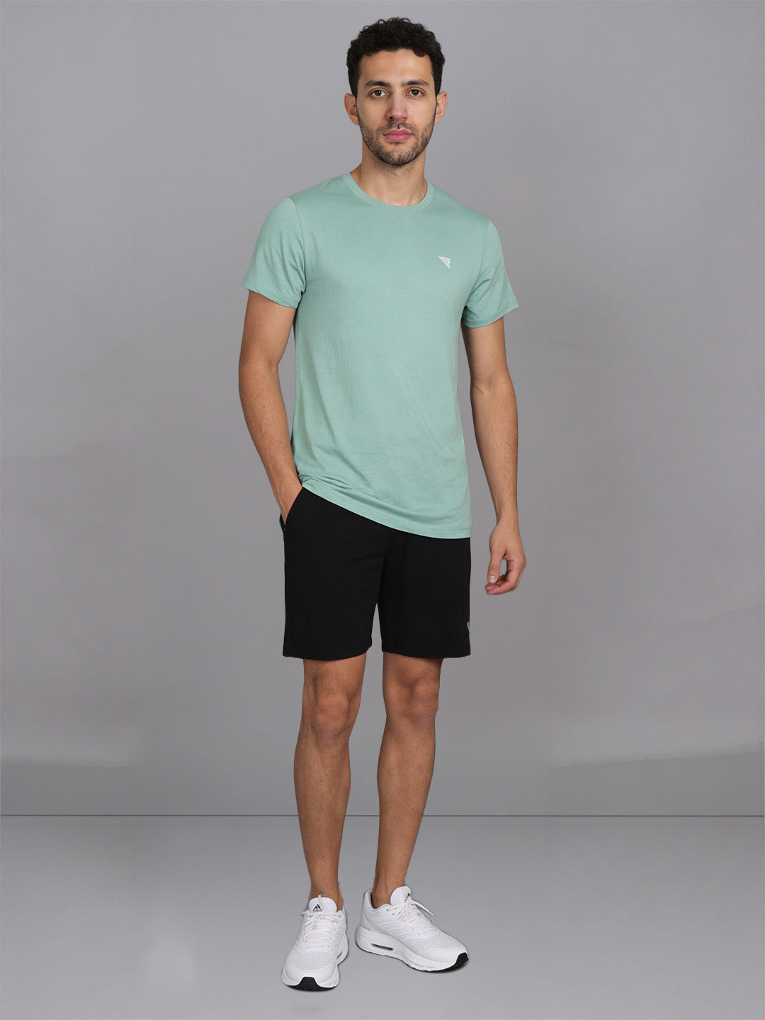 Men Olive Green Crew neck T-Shirt with Black Shorts Combo ES1
