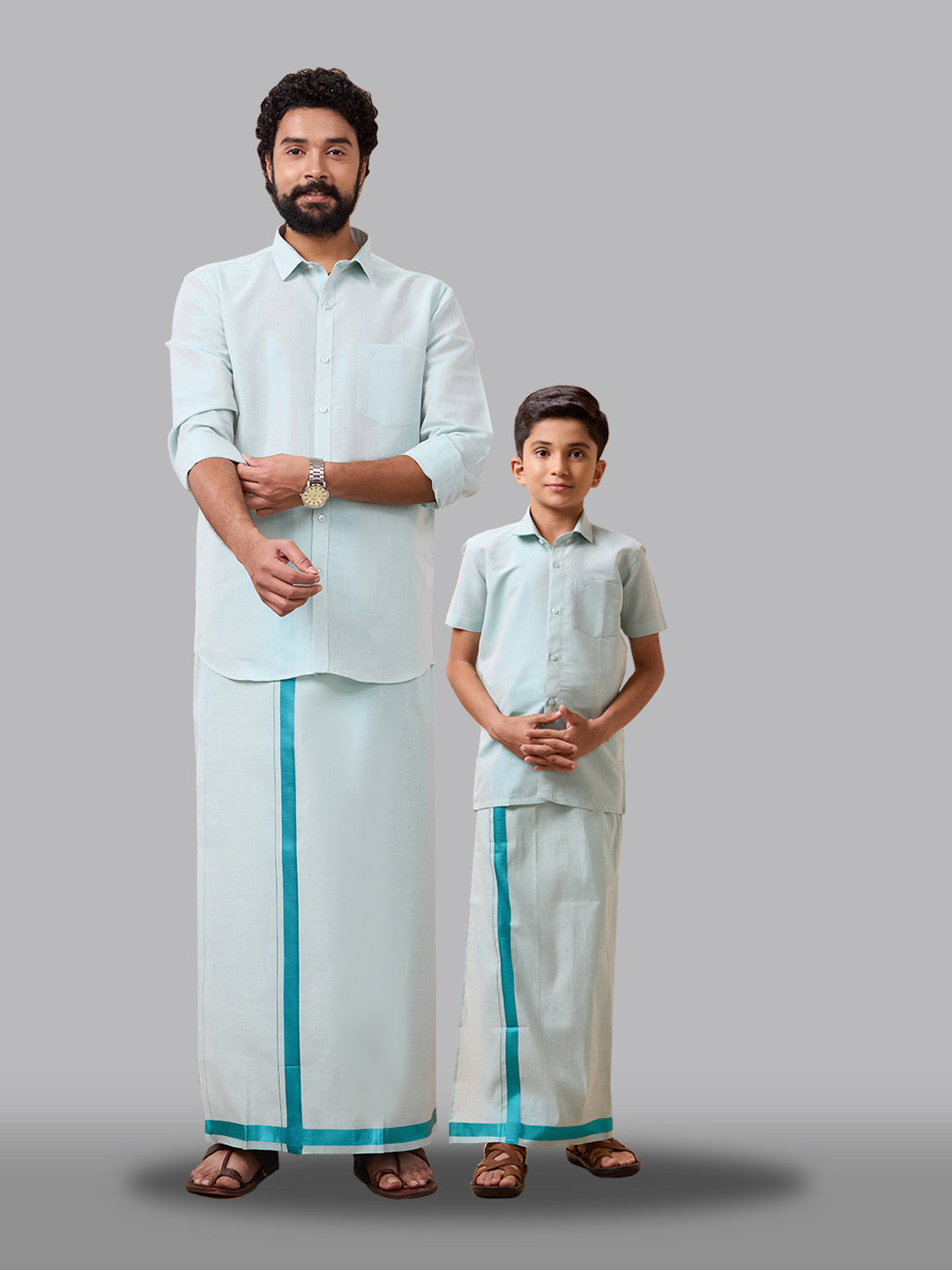 Like Father Like Son Tissue Dhoti Shirt Combo Set Ramar Green