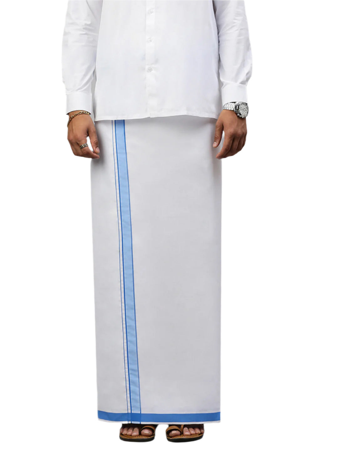 Men Single Layer Cotton Blend White Dhoti with Fancy Border Winner Plain WP05