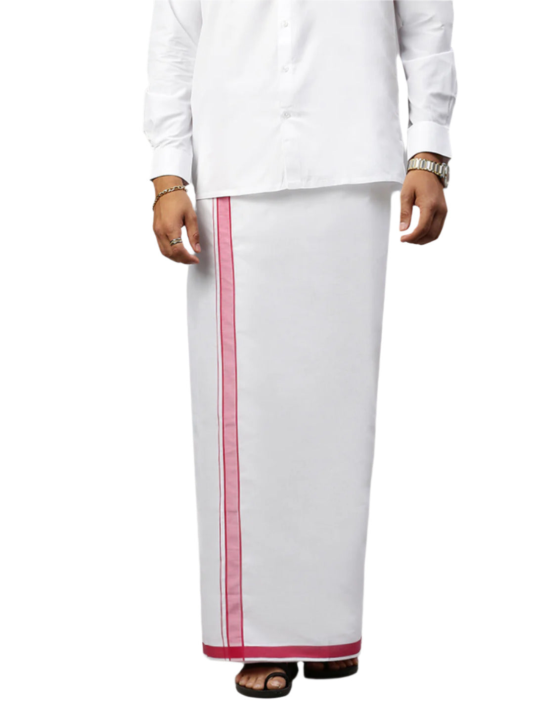 Men Single Layer Cotton Blend White Dhoti with Fancy Border Winner Plain WP19