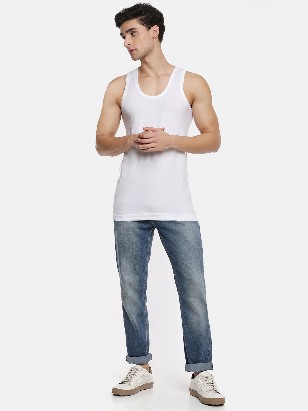 Men 100% Combed Cotton White Vest RN Sukra Value Pack (Pack of 4)