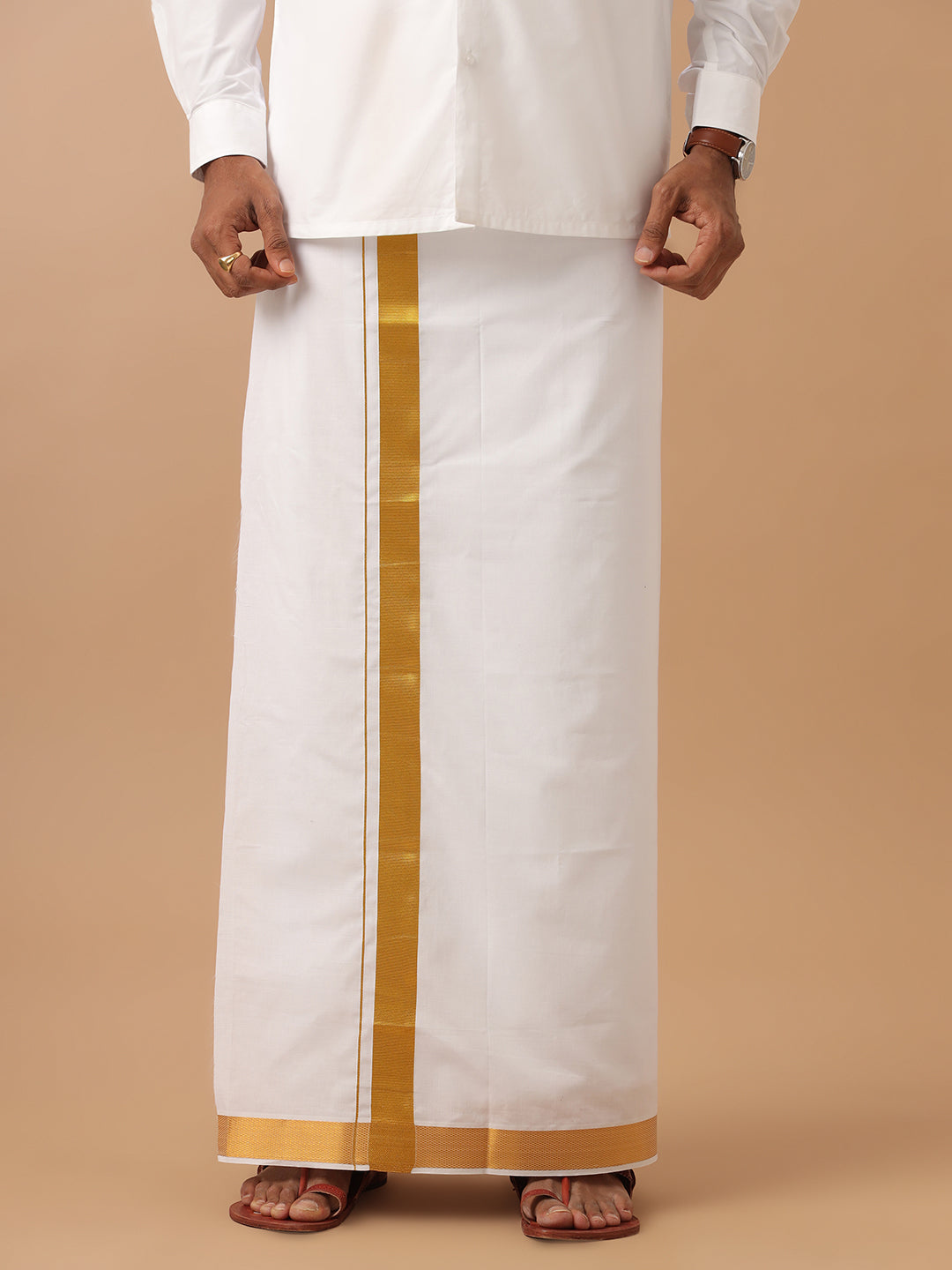 Men 100% Cotton Single Layer White Dhoti with 1 1/2" Gold Jari Border Aruthra