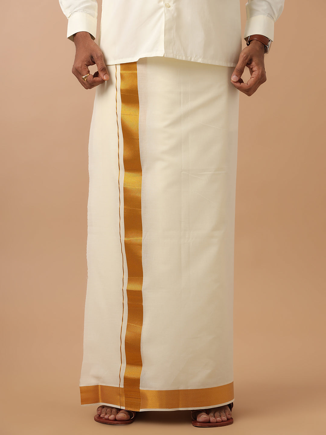 Men Cotton Blend Double Layer Cream Dhoti with 2" Jari Border Gold Fine Pet