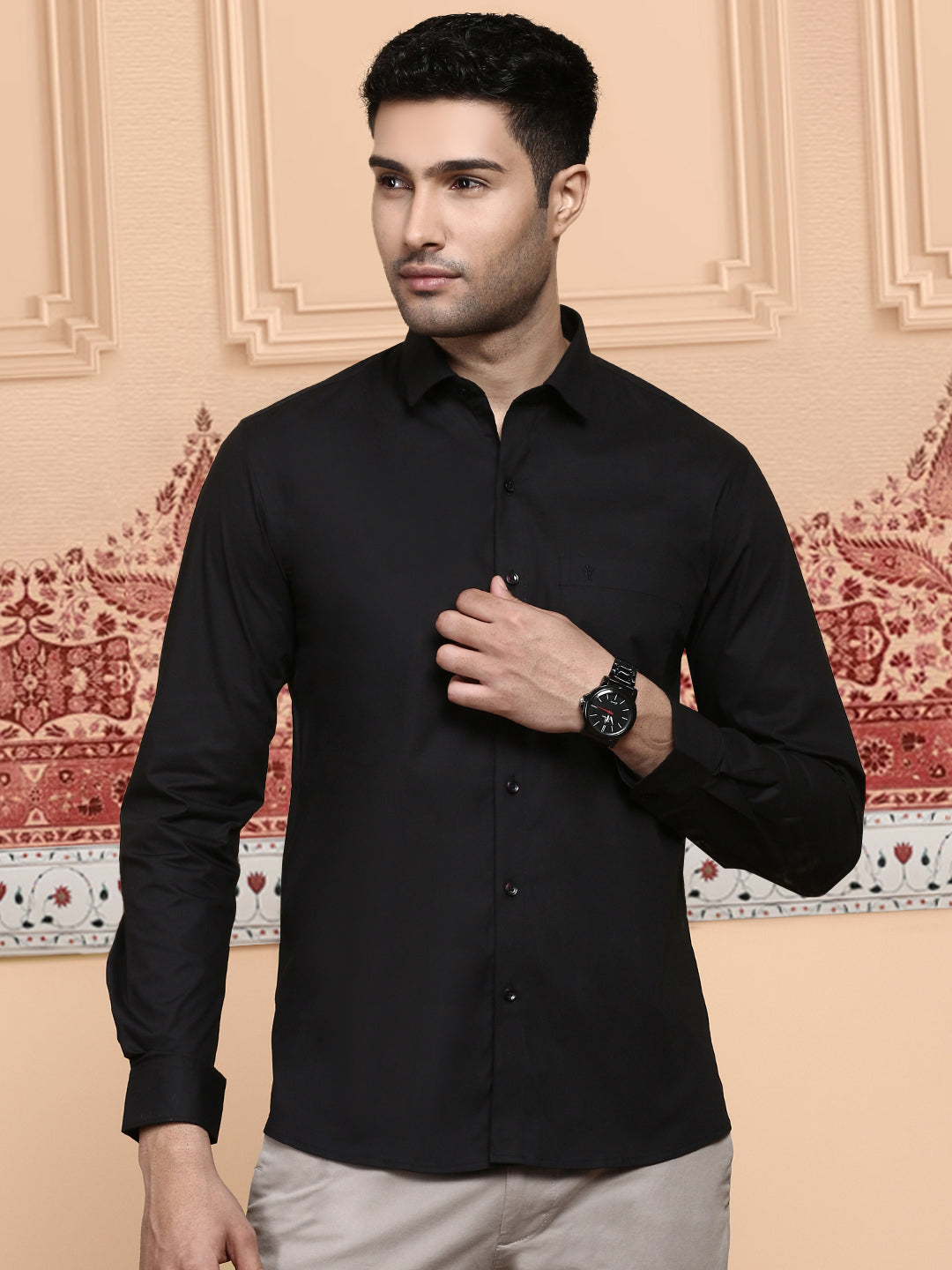 Men Cotton Spandex Shirt 2 way stretch Black LY10