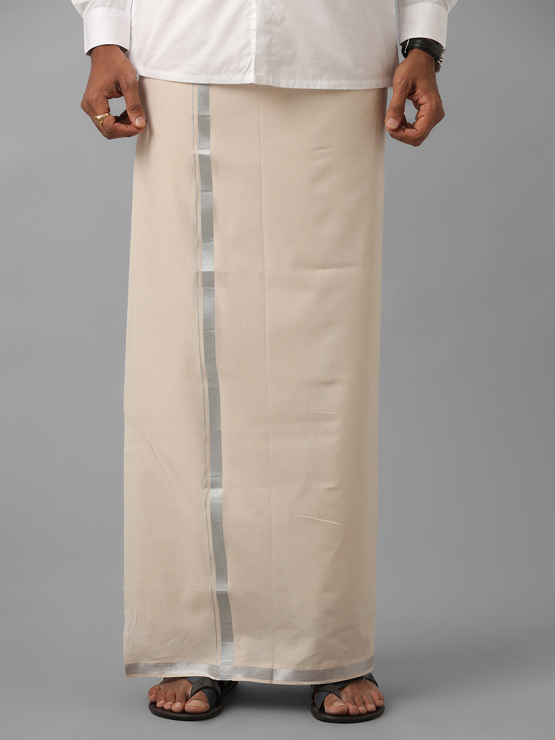 Men Cotton Blend Single Layer Sandal Dhoti with Silver Jari Border