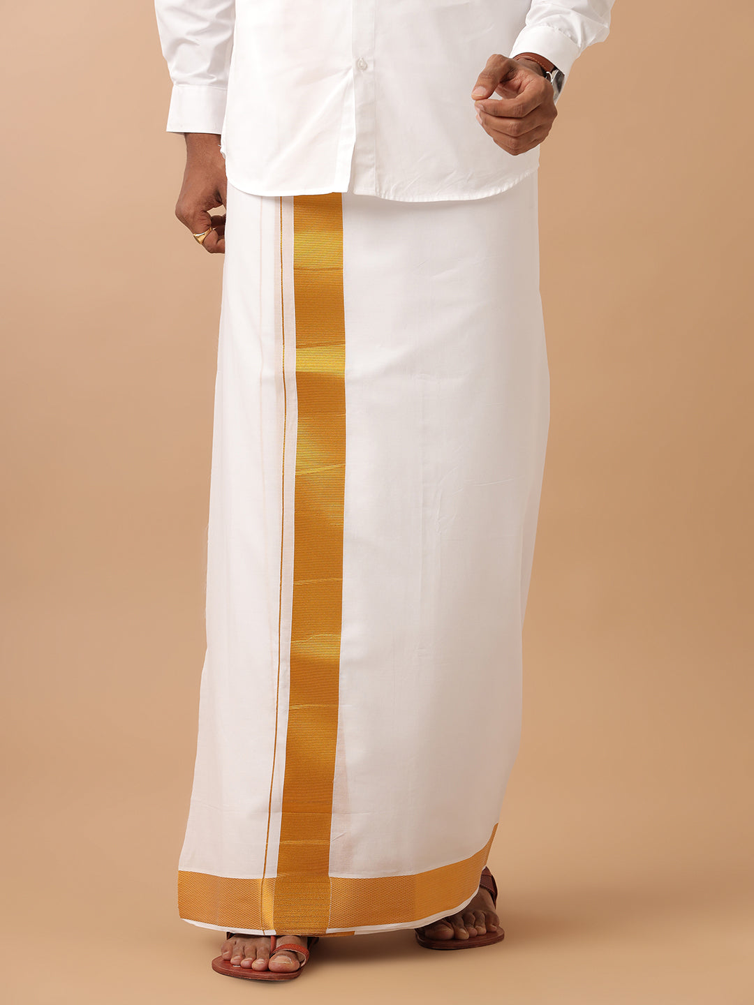 Men 100% Cotton Double Layer White Dhoti with 2 1/2" Gold Jari Border Kaviyam