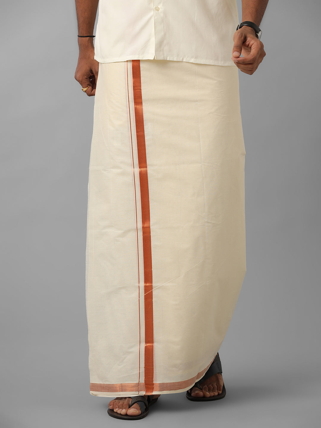 Men Kora Cotton Double Layer Dhoti with Copper Jari  Border Mangal