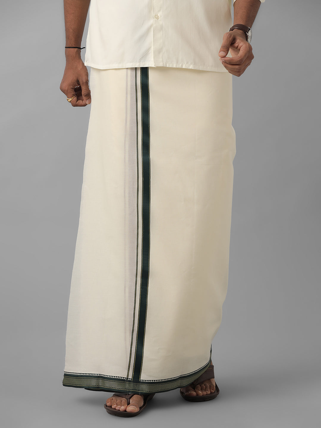 Men Kora Cotton Double Layer Cream Dhoti with Fancy Border Golden Eye