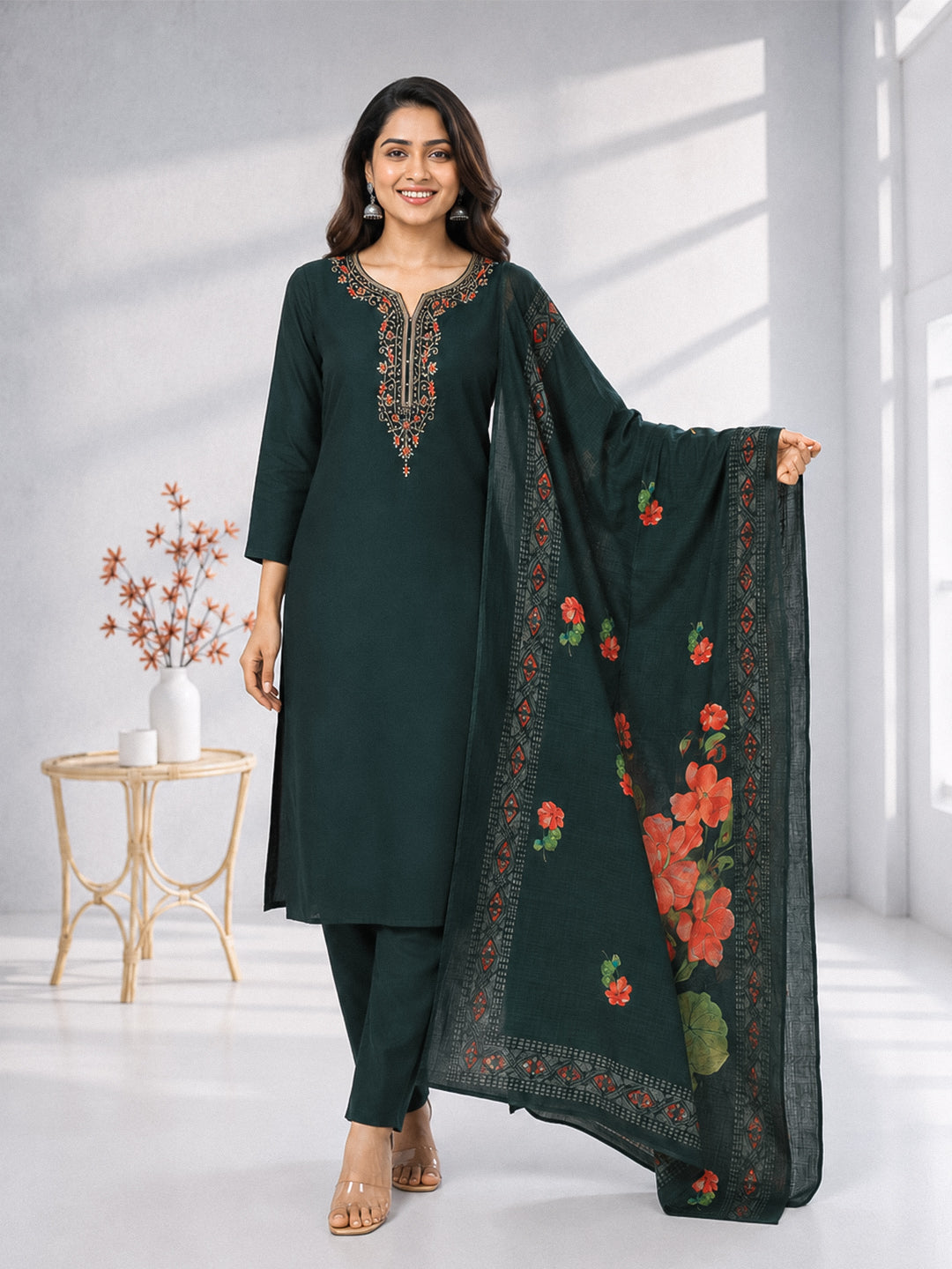 Women Silky Crush Embroidered Kurti Set Dark Green EKS92