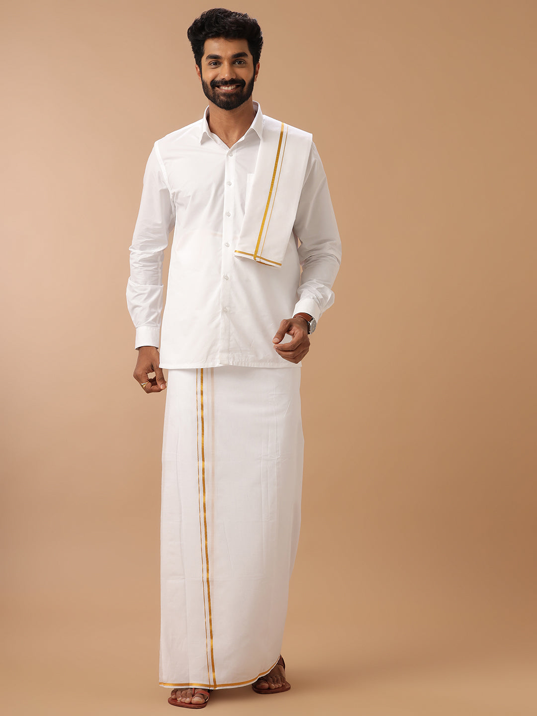Men 100% Cotton Double Layer White Dhoti & Towel Set with 1/4" Inch Gold Jari Border Kalasadan