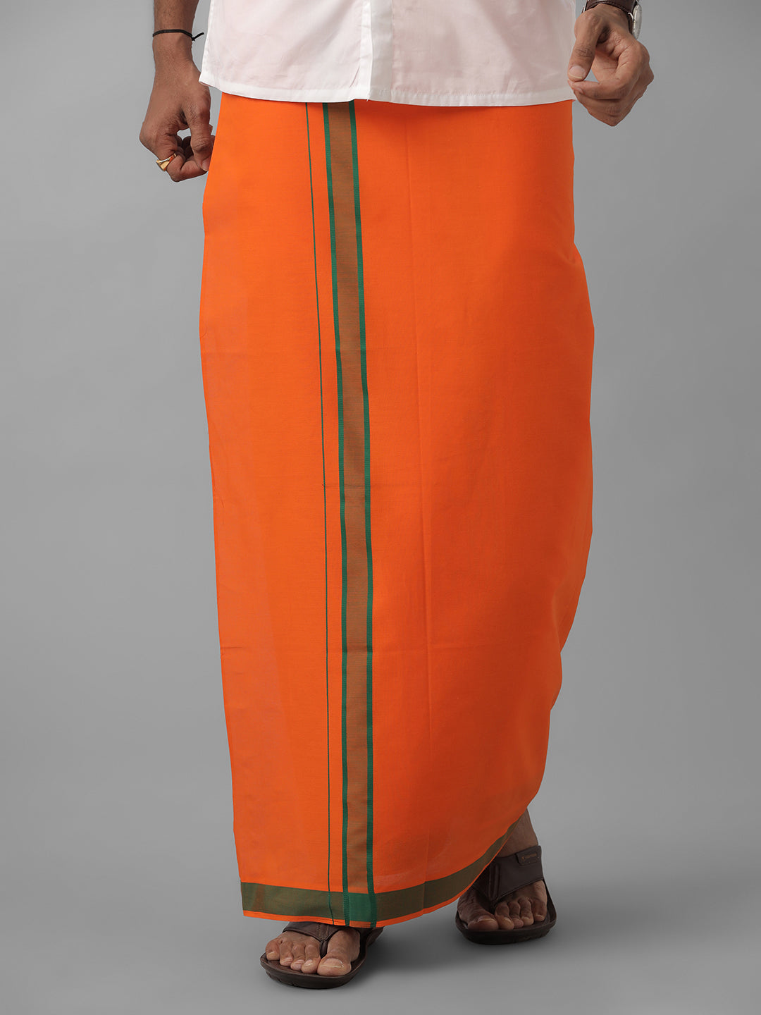 Men 100% Cotton Single Layer Orange Dhoti with Assorted Border Ahimsa