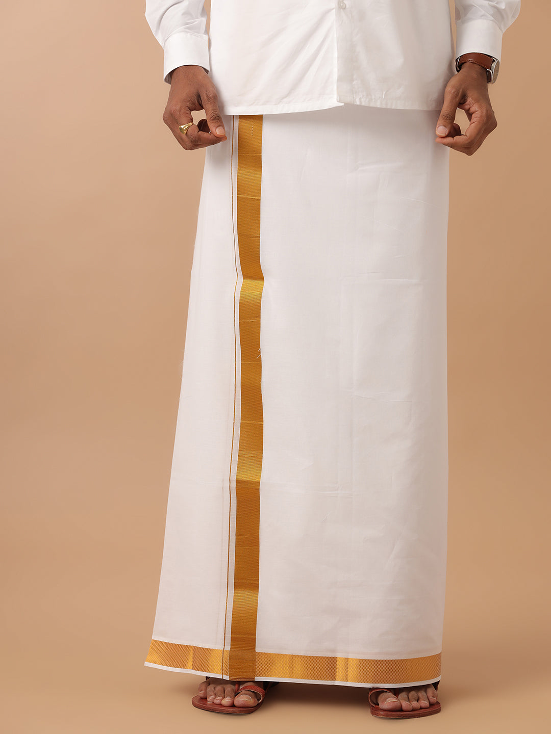 Men 100% Cotton Double Layer White Dhoti with 1 1/2" Jari Border Gold Special Pet