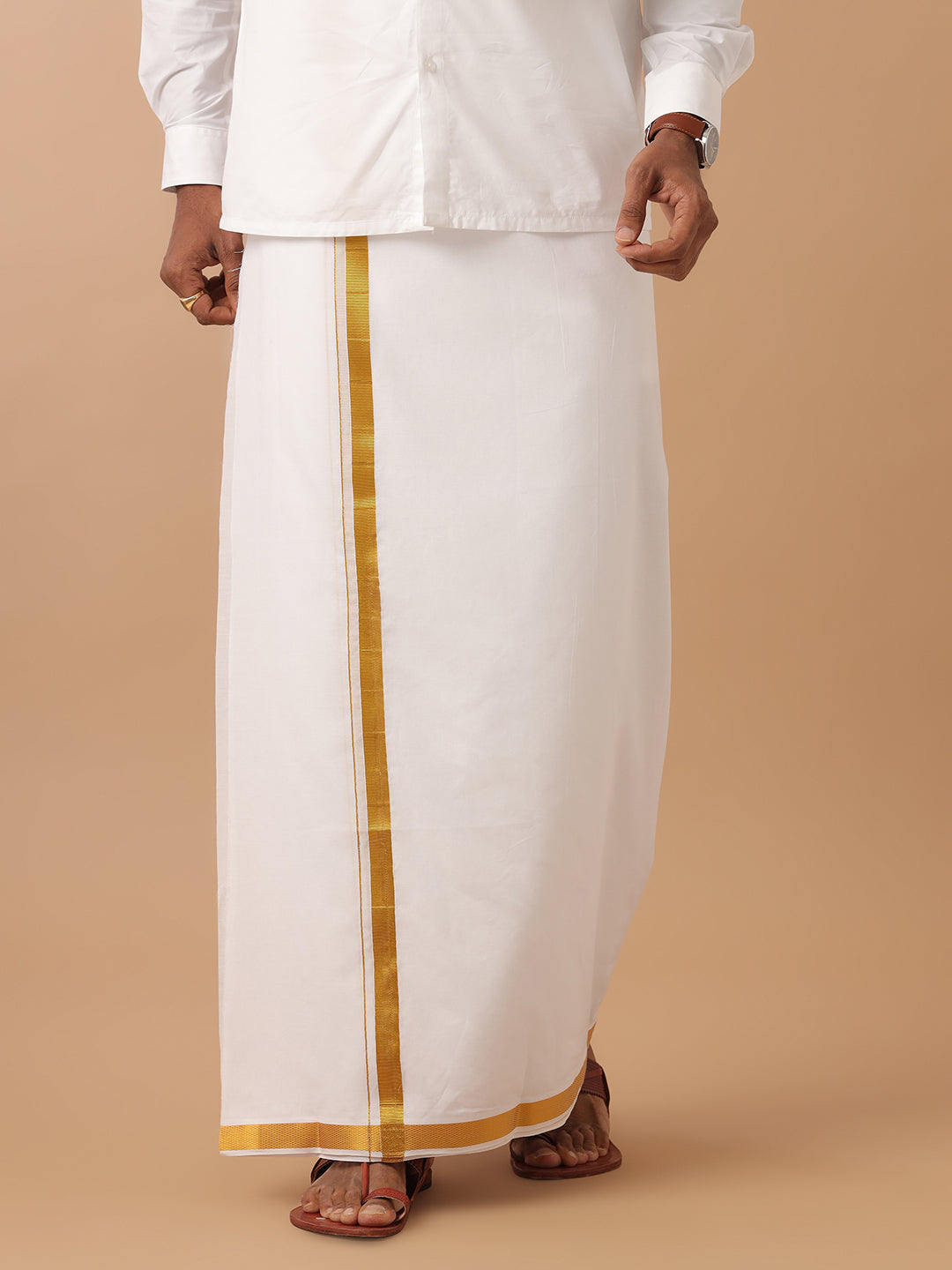 Men 100% Cotton Double Layer White Dhoti & Towel Set with 1" inch Gold Jari Border Kalasadan