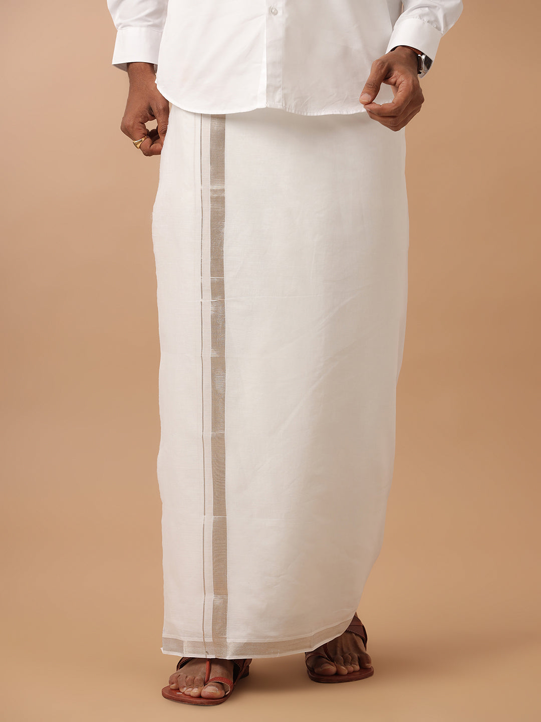 Men 100% Cotton Double Layer White Dhoti with 1"Jari Border Silver Cotton