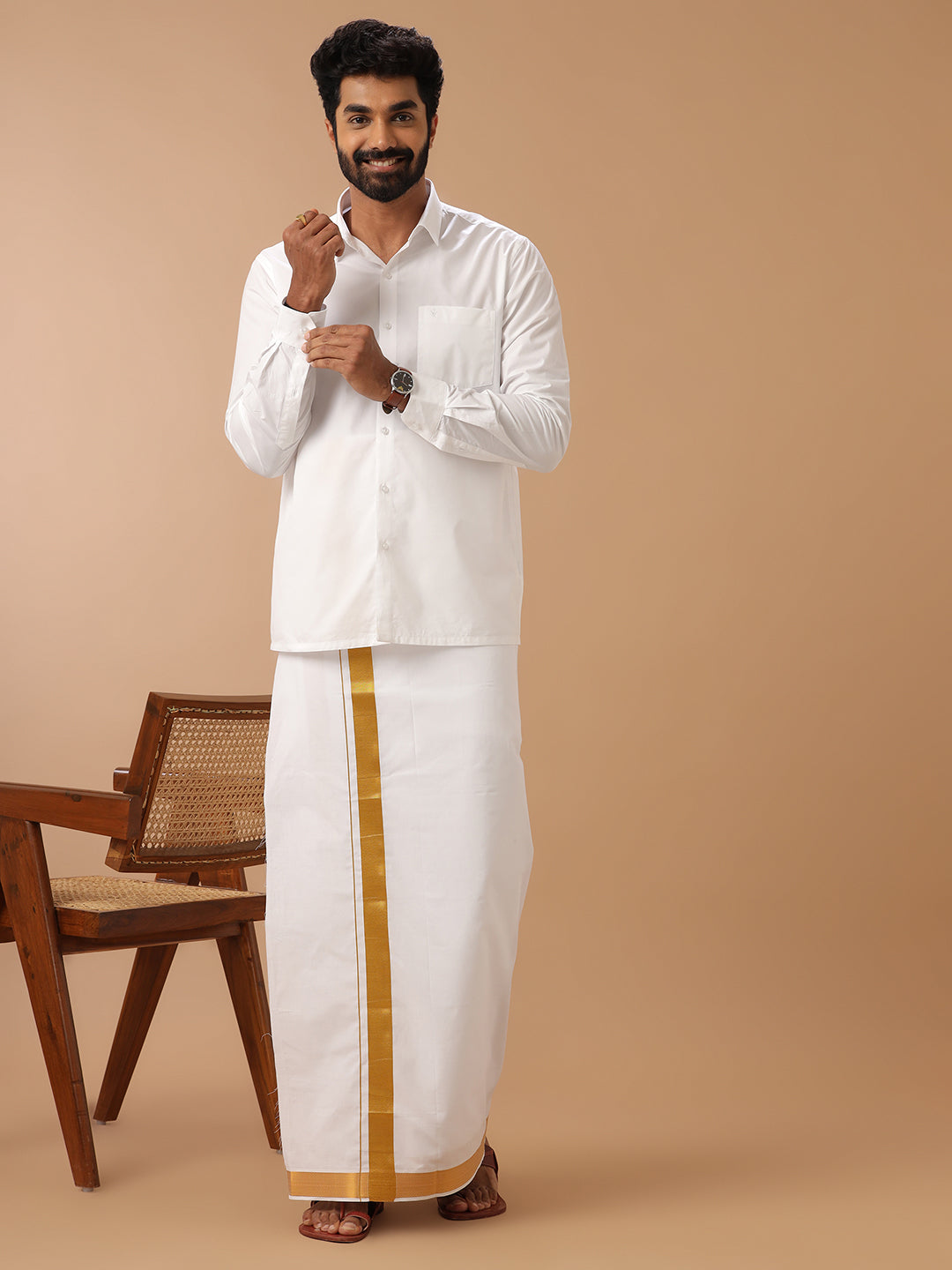 Men 100% Cotton Double Layer White Dhoti with 1 1/2" Gold Jari Border - Gold Spl Plain