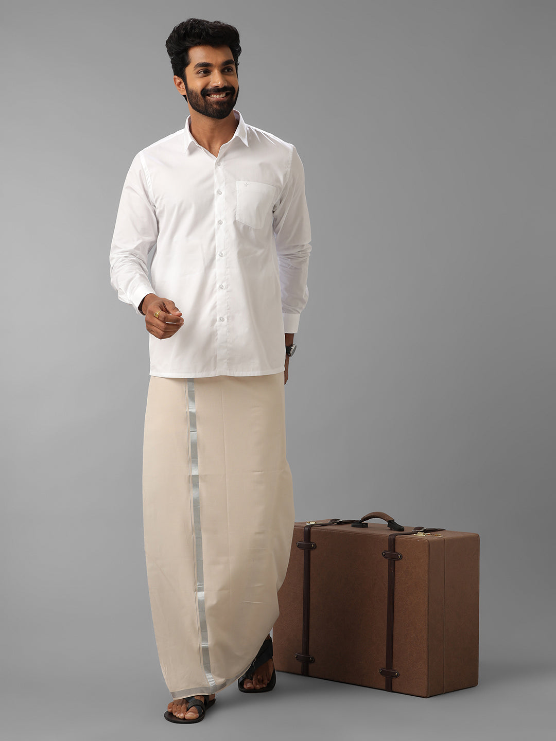 Men Cotton Blend Single Layer Sandal Dhoti with Silver Jari Border