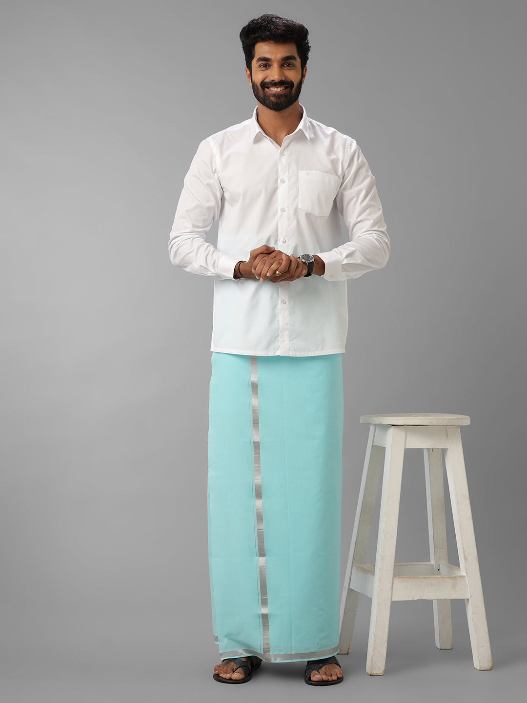 Men Cotton Blend Single Layer Blue Dhoti with Silver Jari Border Cosmic