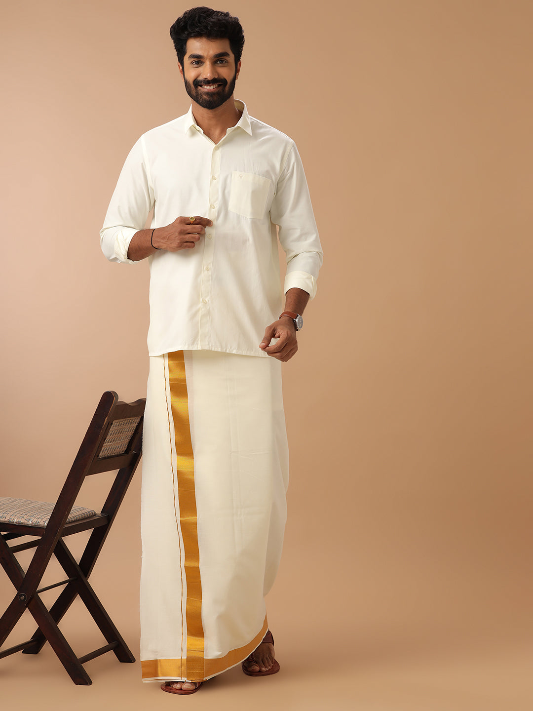 Men Cotton Blend Double Layer Cream Dhoti with 2" Jari Border Gold Fine Pet