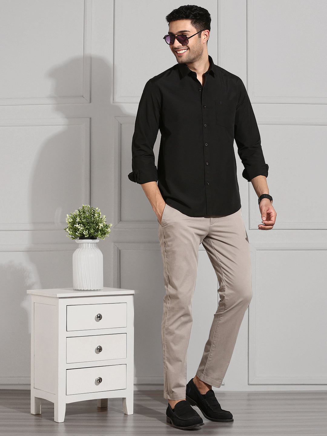 Men 100% Cotton White & Black Full Sleeves Shirt Combo (2 Pcs Pack)