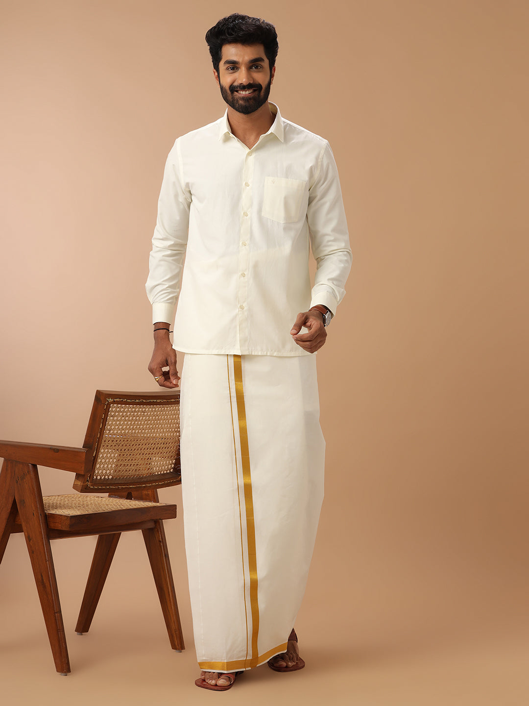 Men Cotton Blend Double Layer Dhoti Cream Dhoti with 1" Gold Jari Border Samskara