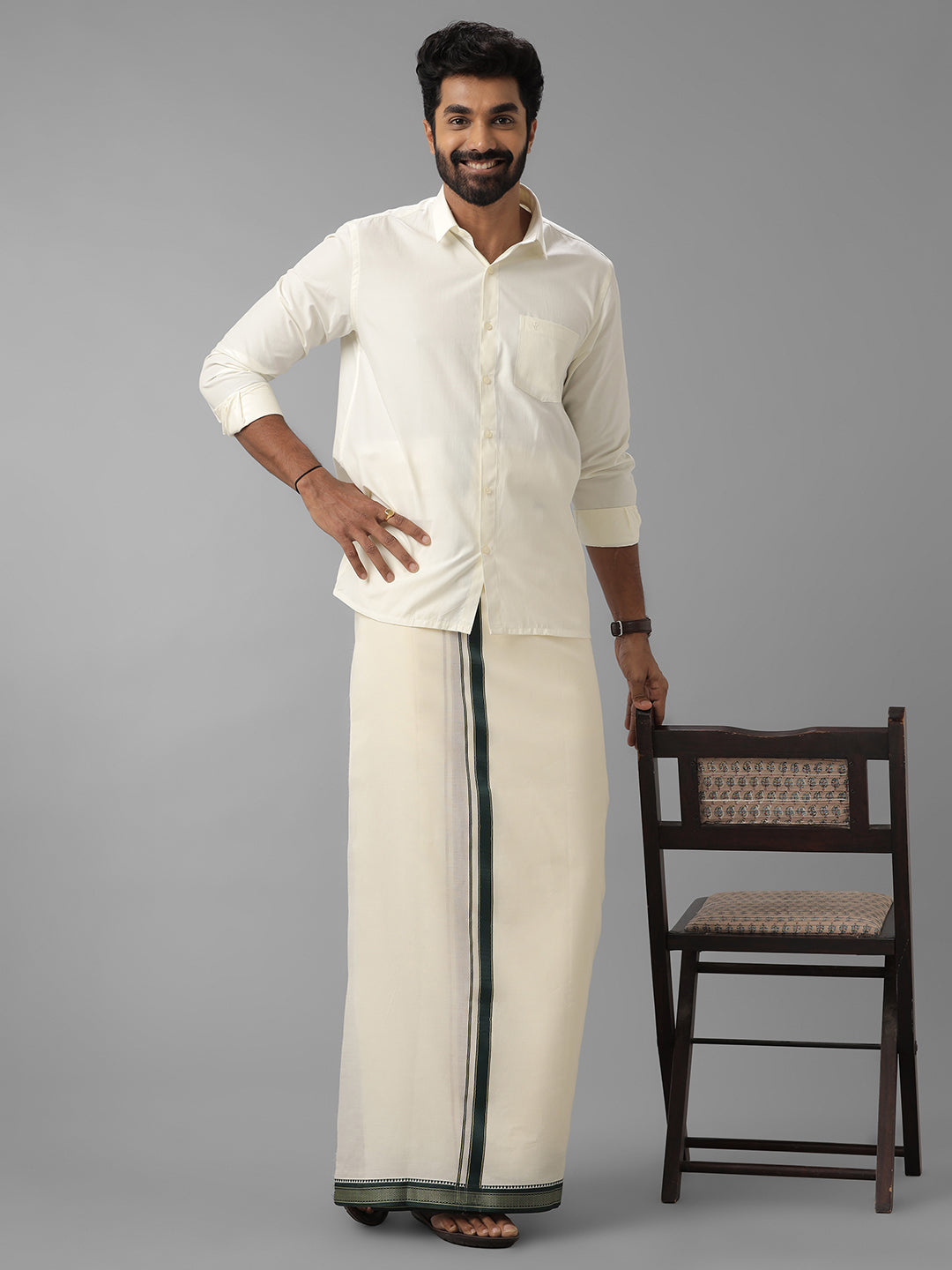 Men Kora Cotton Double Layer Cream Dhoti with Fancy Border Golden Eye
