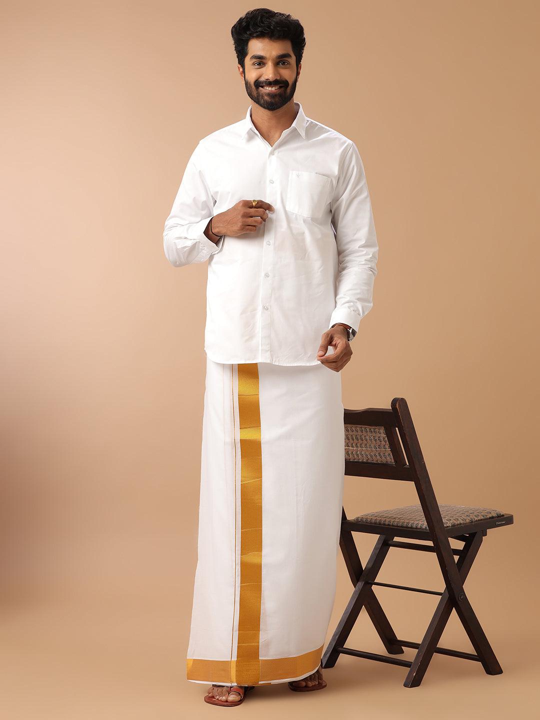 Men 100% Cotton Double Layer White Dhoti with 2 1/2" Gold Jari Border Kaviyam