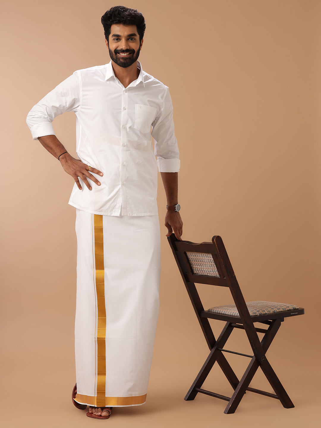 Men 100% Cotton Double Layer White Dhoti with 1 1/2" Jari Border Gold Special Pet