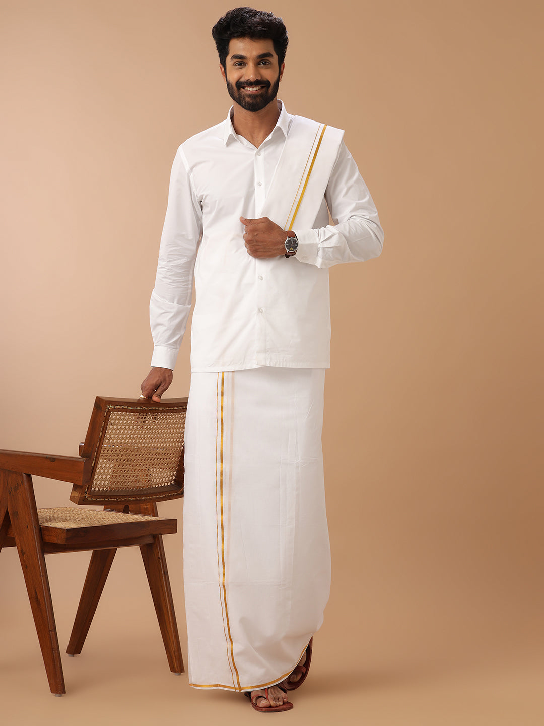 Men 100% Cotton Double Layer White Dhoti & Towel Set with Gold Jari Border Kalasadan