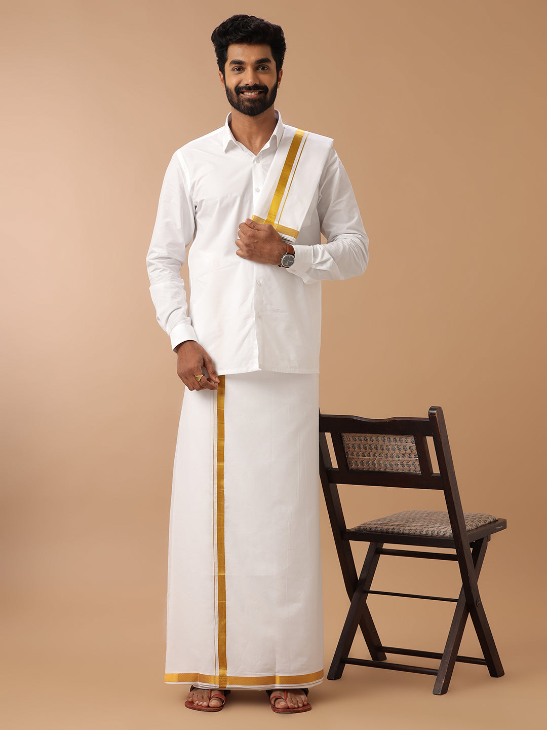 Men 100% Cotton Double Layer White Dhoti & Towel Set with 1" inch Gold Jari Border Kalasadan