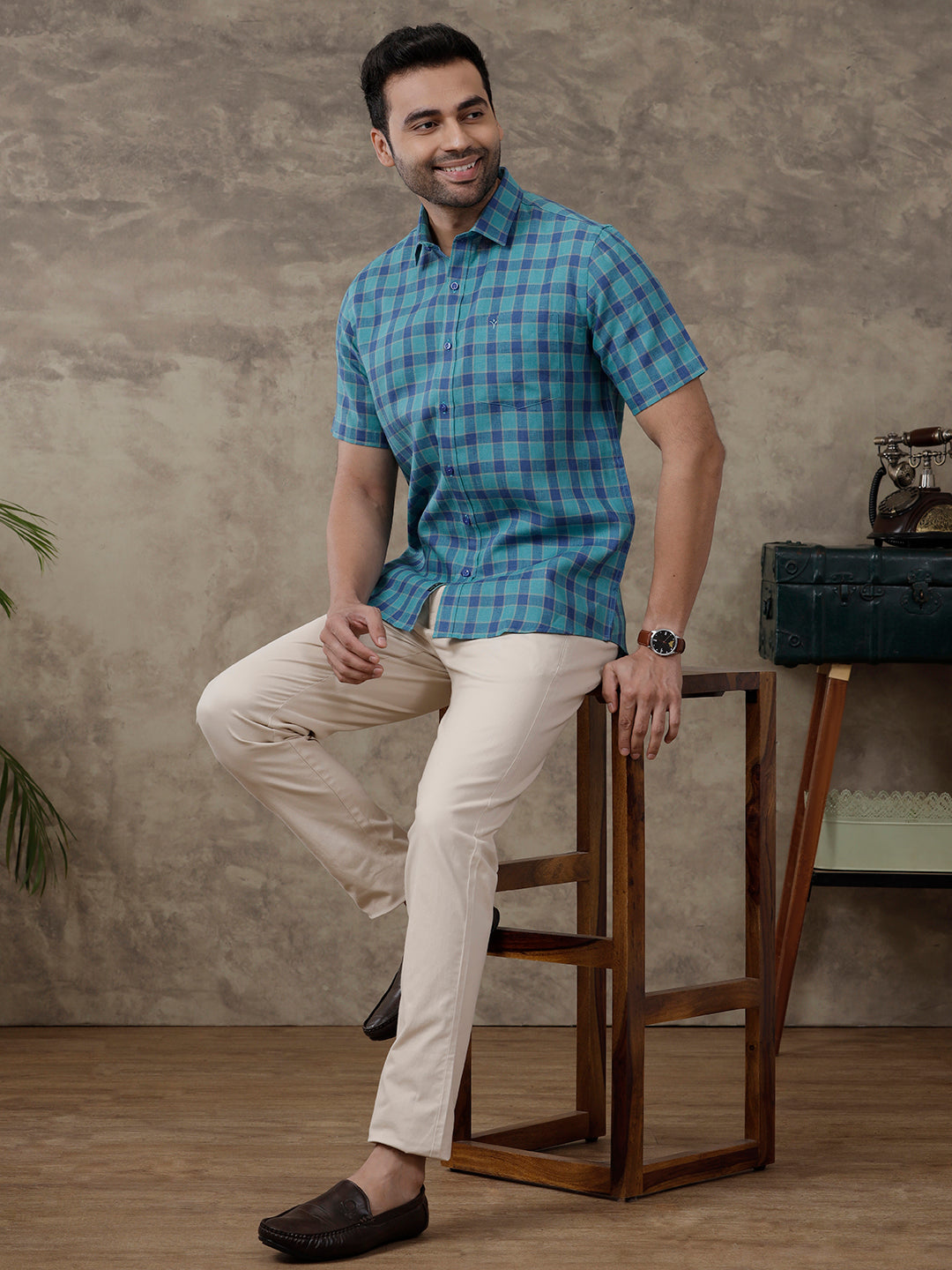 Men Pure Linen Checked Shirt Blue LS58
