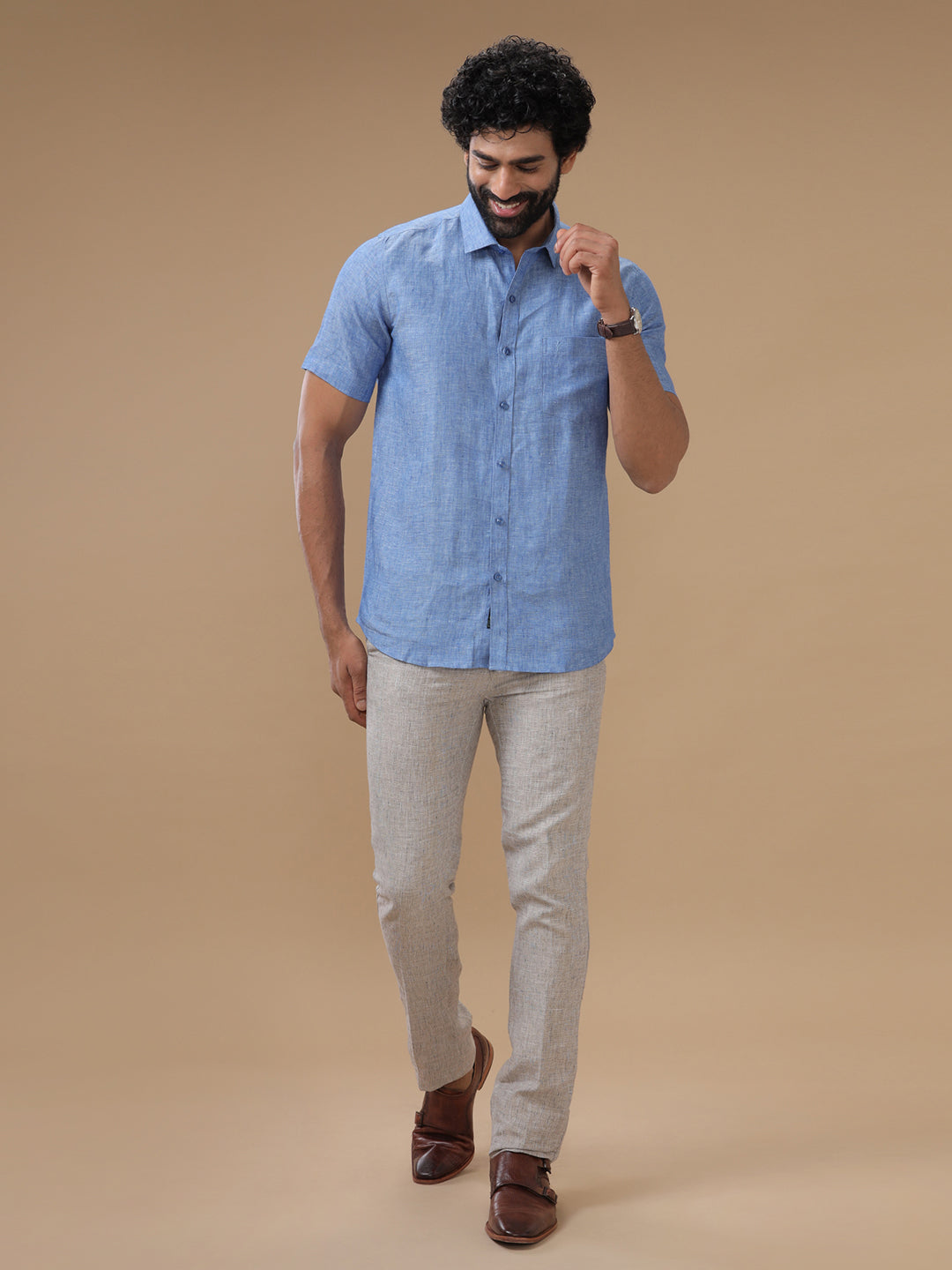 Men Pure Linen Blue Shirt L82