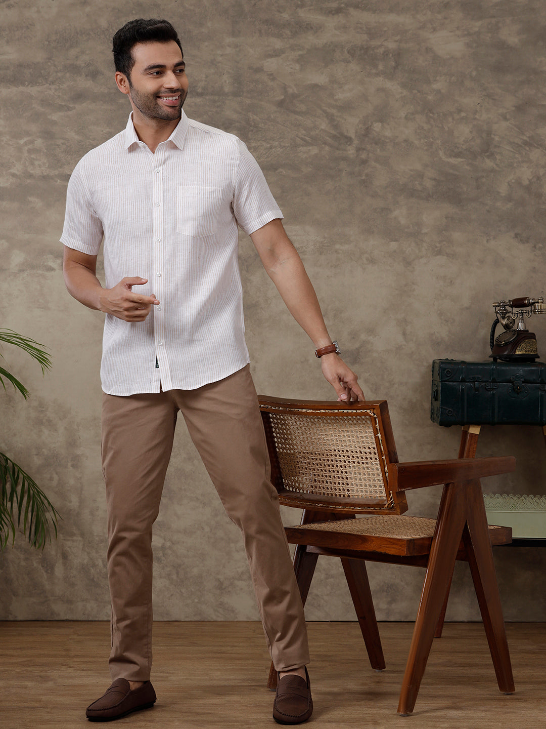 Men Pure Linen Striped Shirt White LS60
