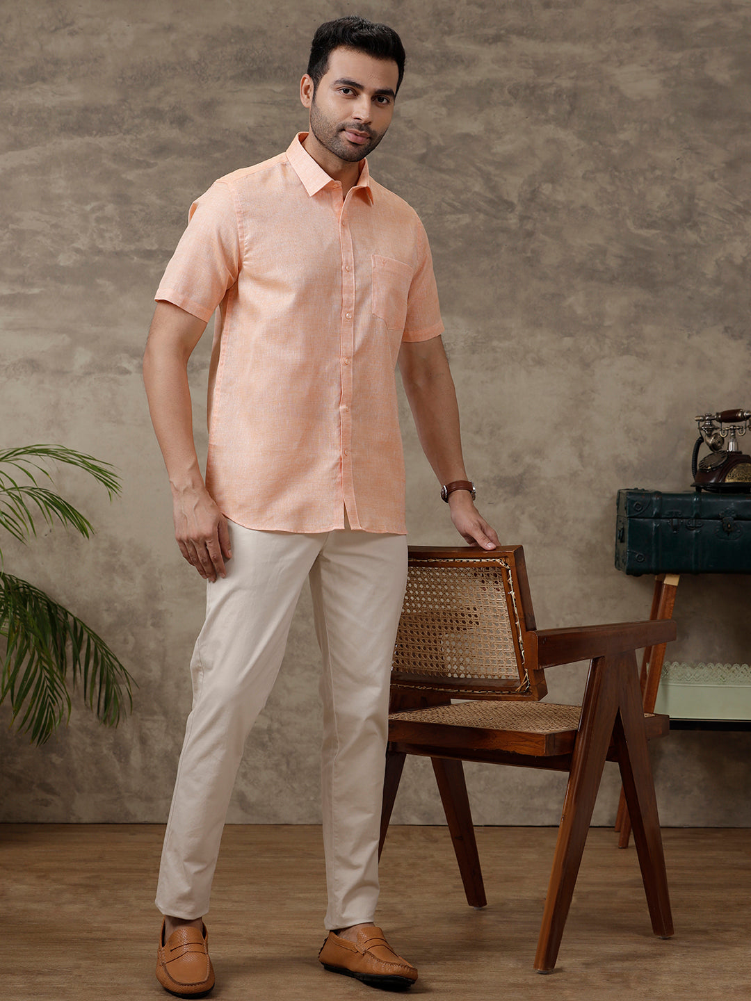 Men Cotton Blend Shirt Light Orange T3 CV12