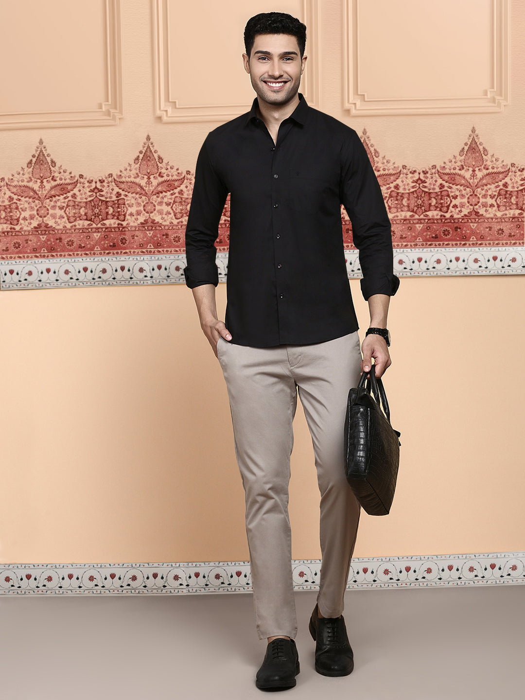 Men Cotton Spandex Shirt 2 way stretch Black LY10