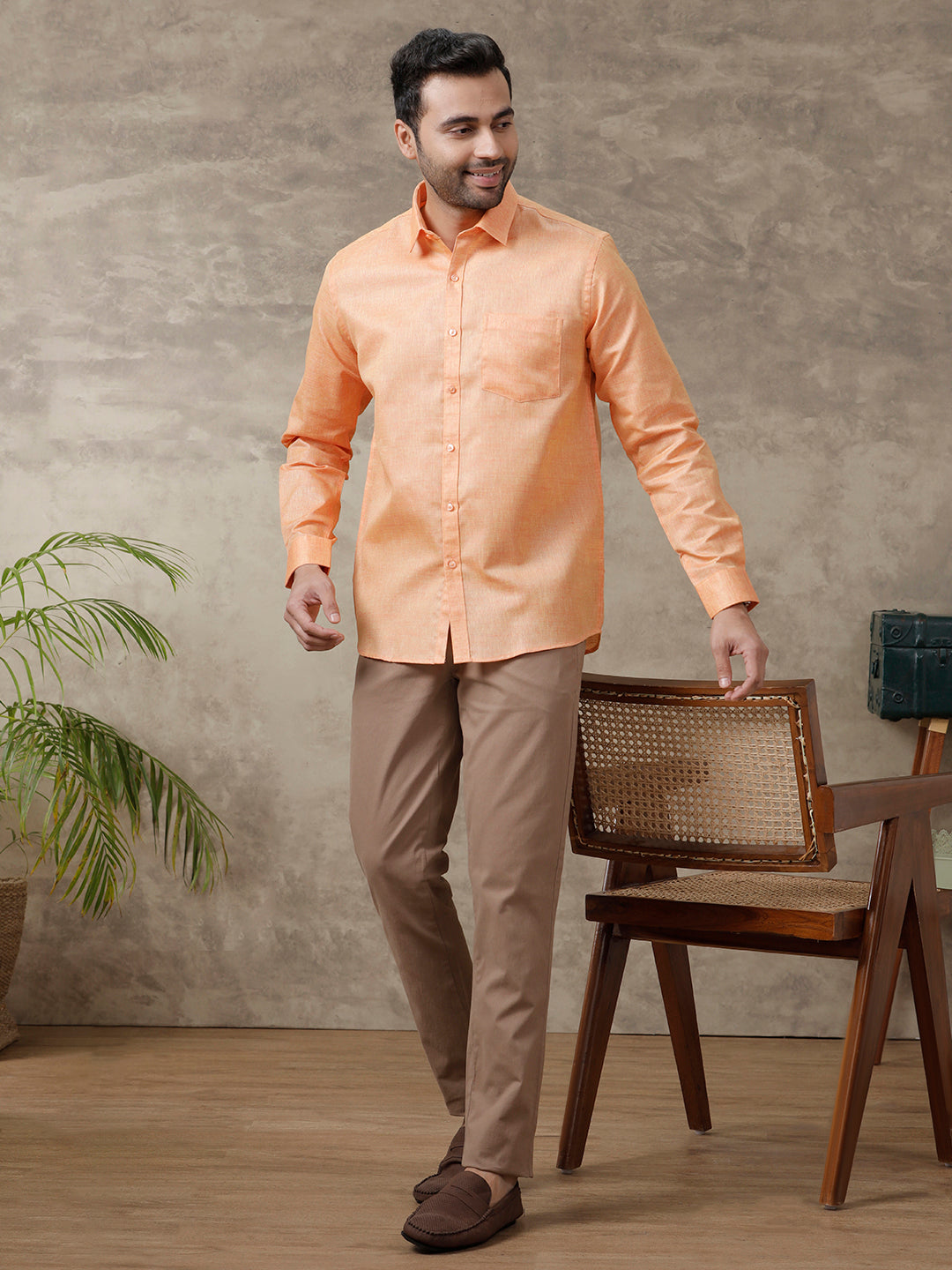 Men Cotton Blend Shirt Dark Orange T3 CV14