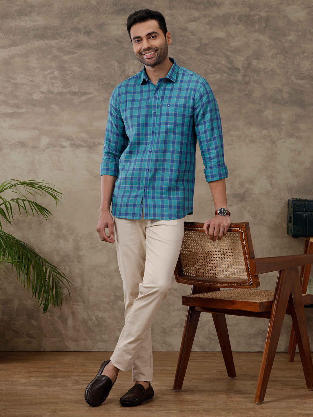 Men Pure Linen Checked Shirt Blue LS58