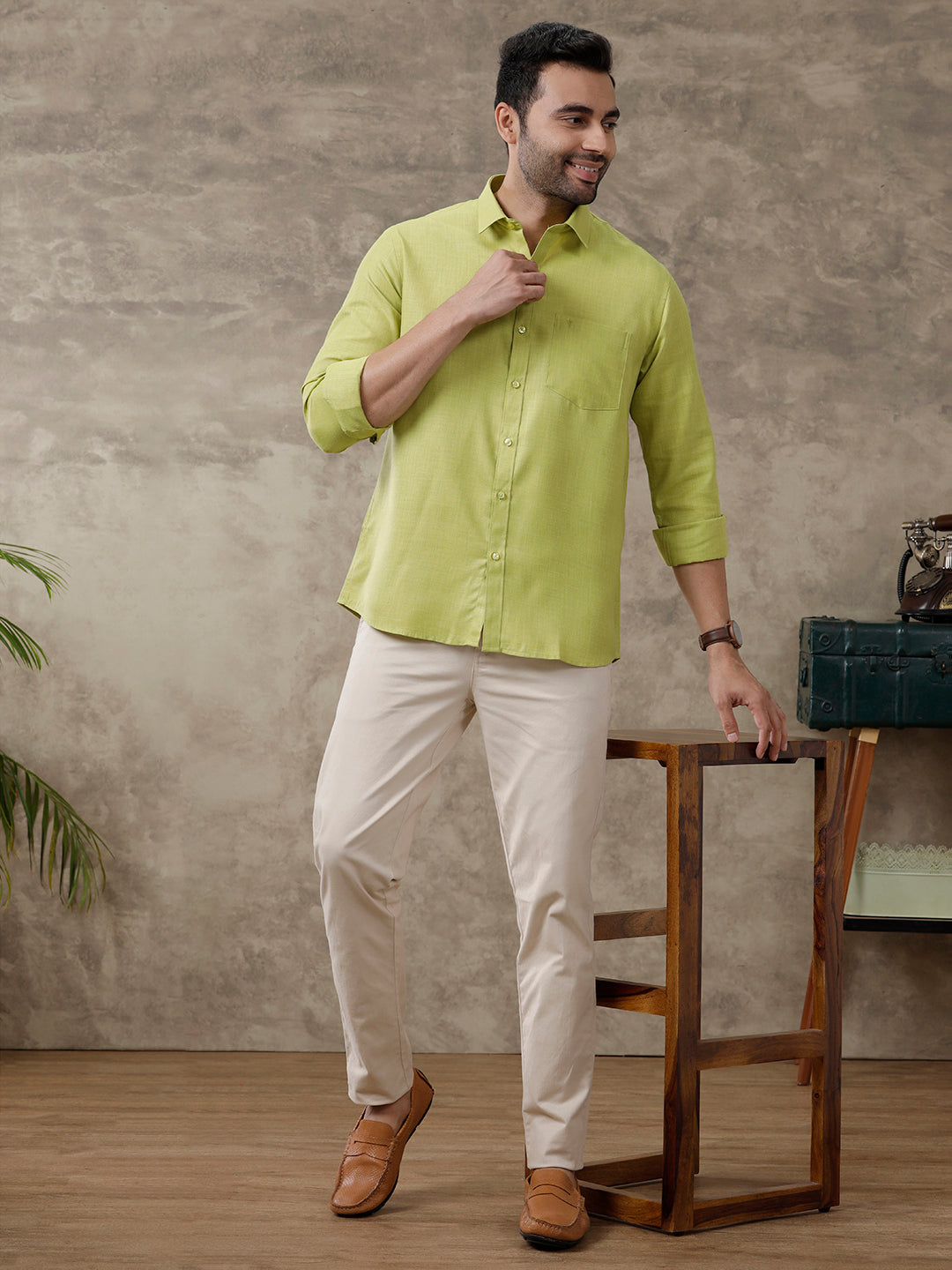 Men Cotton Blend Shirt Green T41 TQ2
