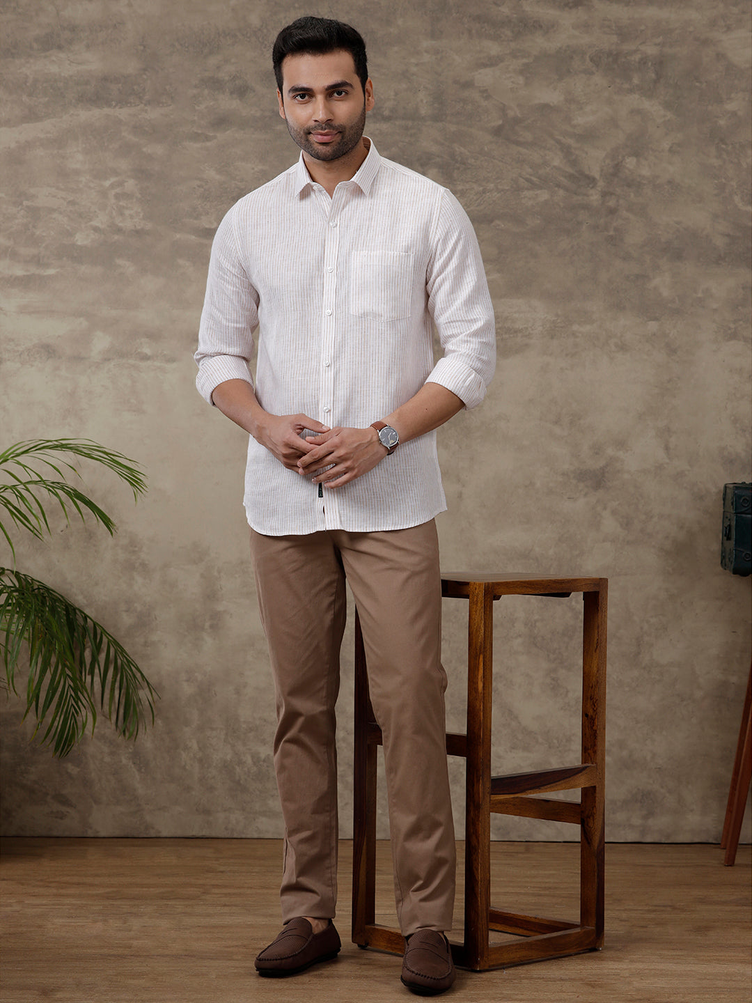 Men Pure Linen Striped Shirt White LS60