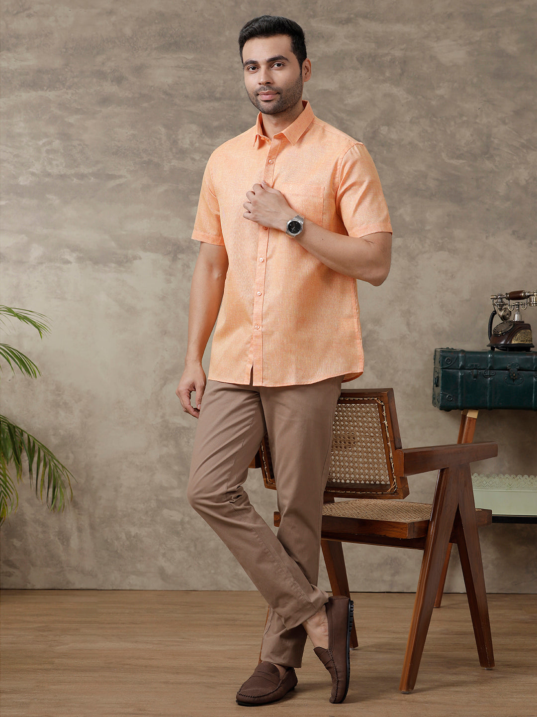 Men Cotton Blend Shirt Dark Orange T3 CV14