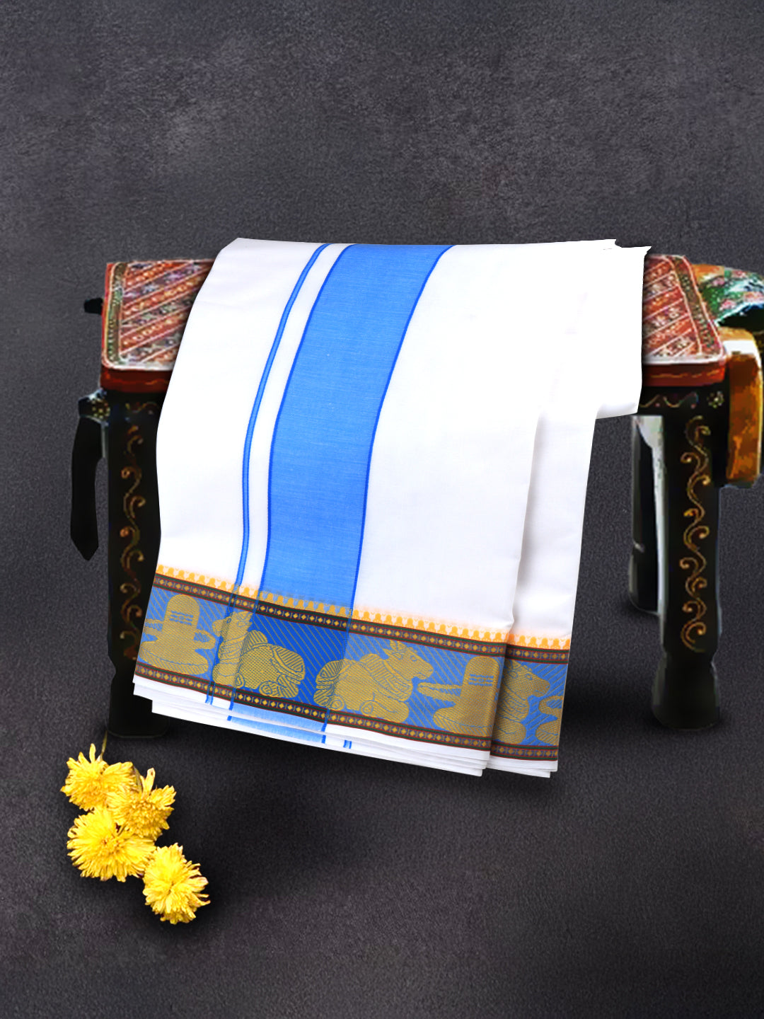 Men Cotton Blue Fancy Border Panchakacham with Angavasthram (10+6) GP01