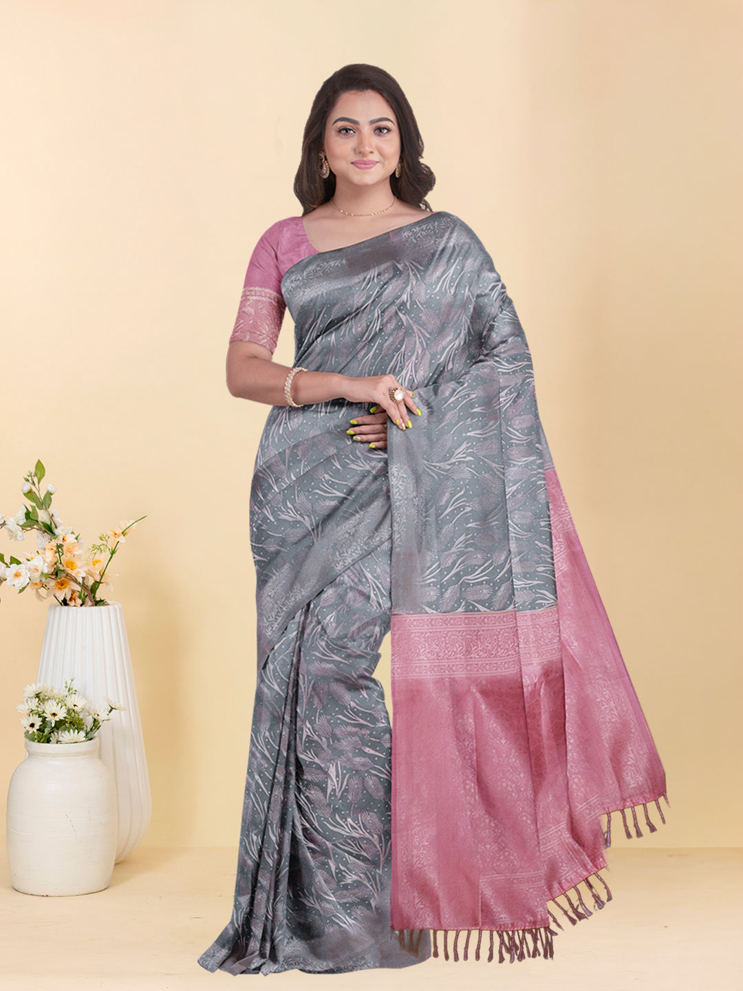 Couple Combo Shirt & Dhoti Set with Saree Steel Grey ASS126