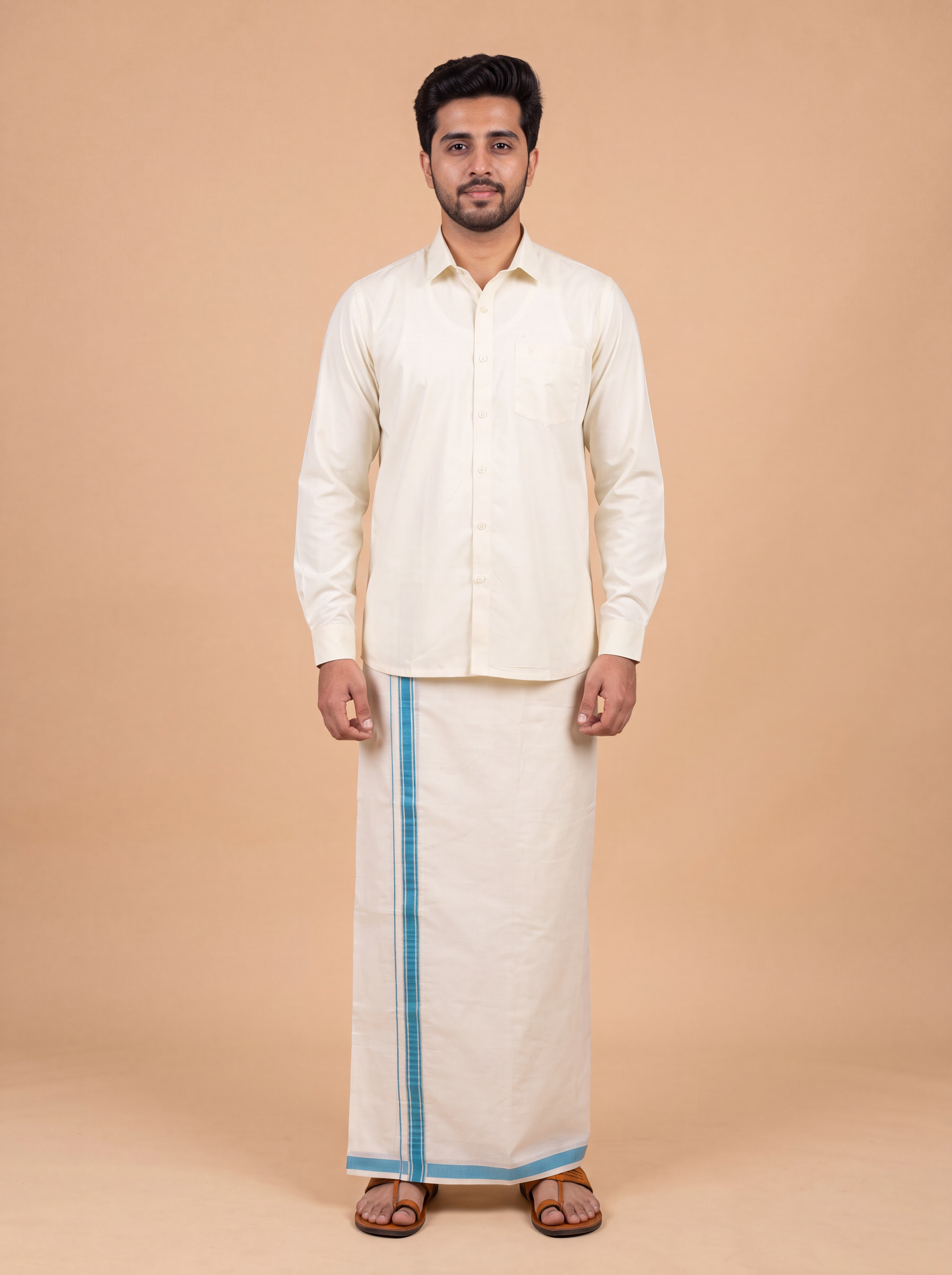 Double Layer Kora Cotton Cream Dhoti with Colour Jari Border - Chamber 3.9m CSJ02