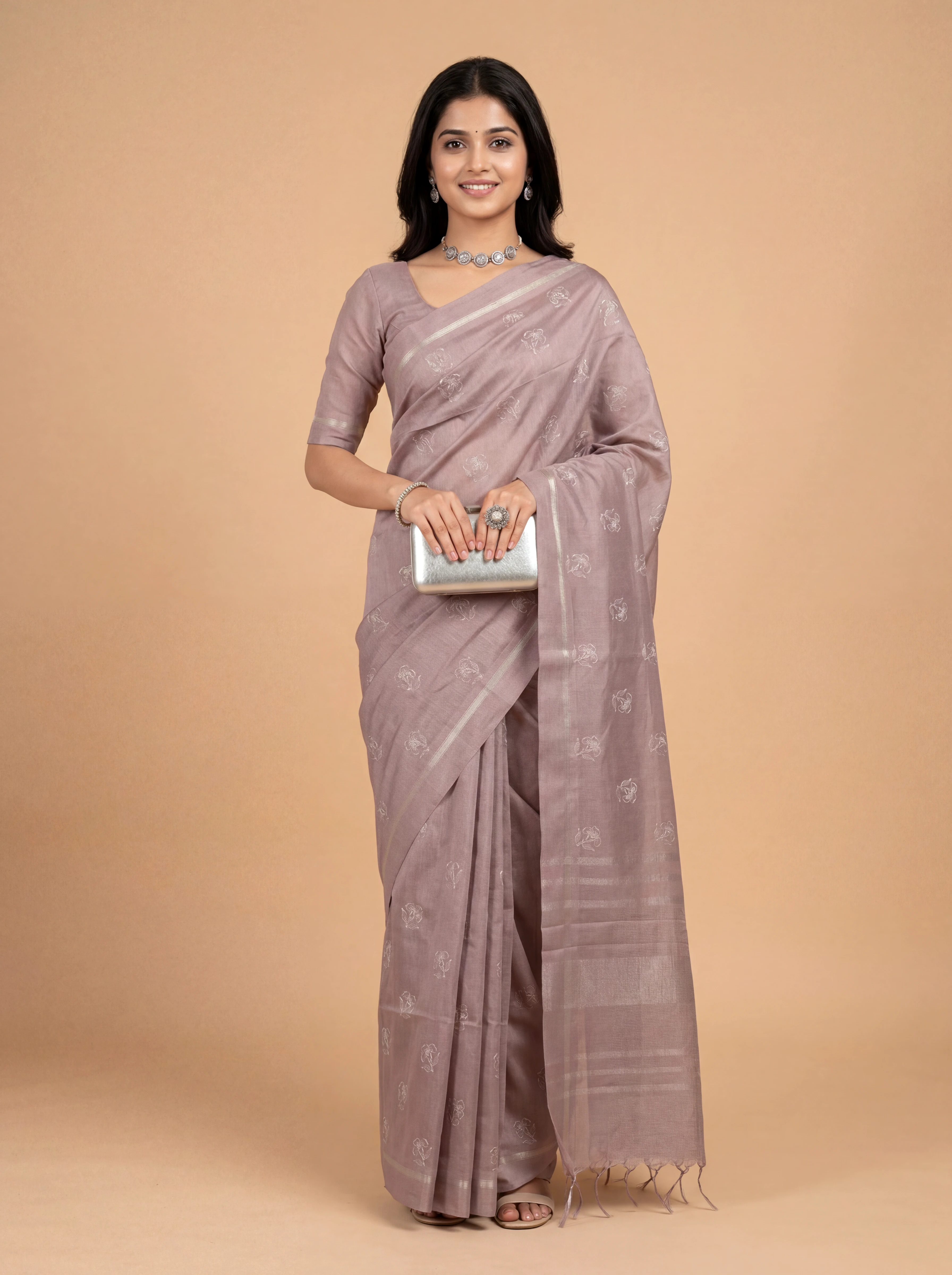 Women Semi Tussar Embroidered Purple Saree ST352