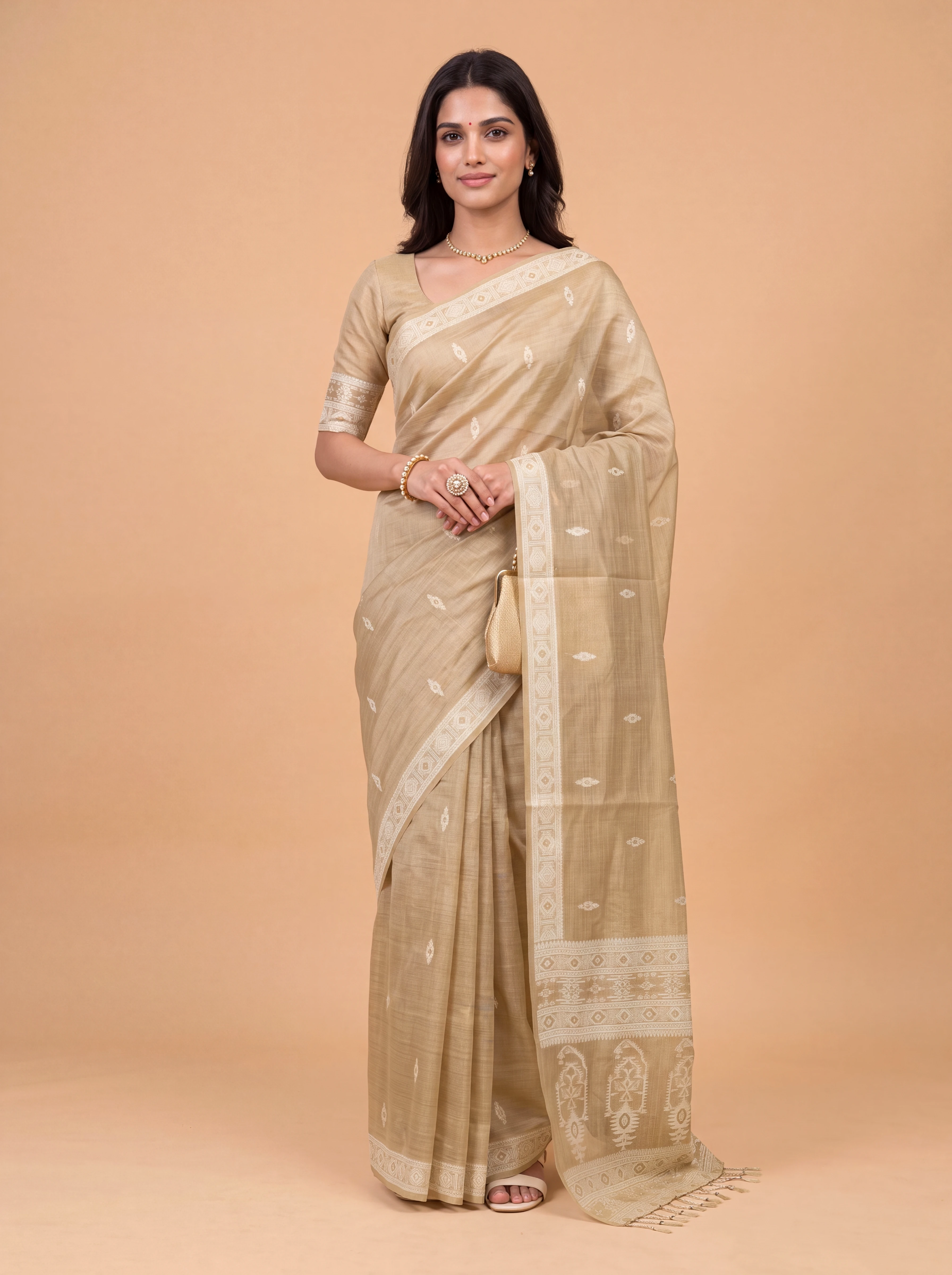 Women Light Brown Spun Poly Saree SP02