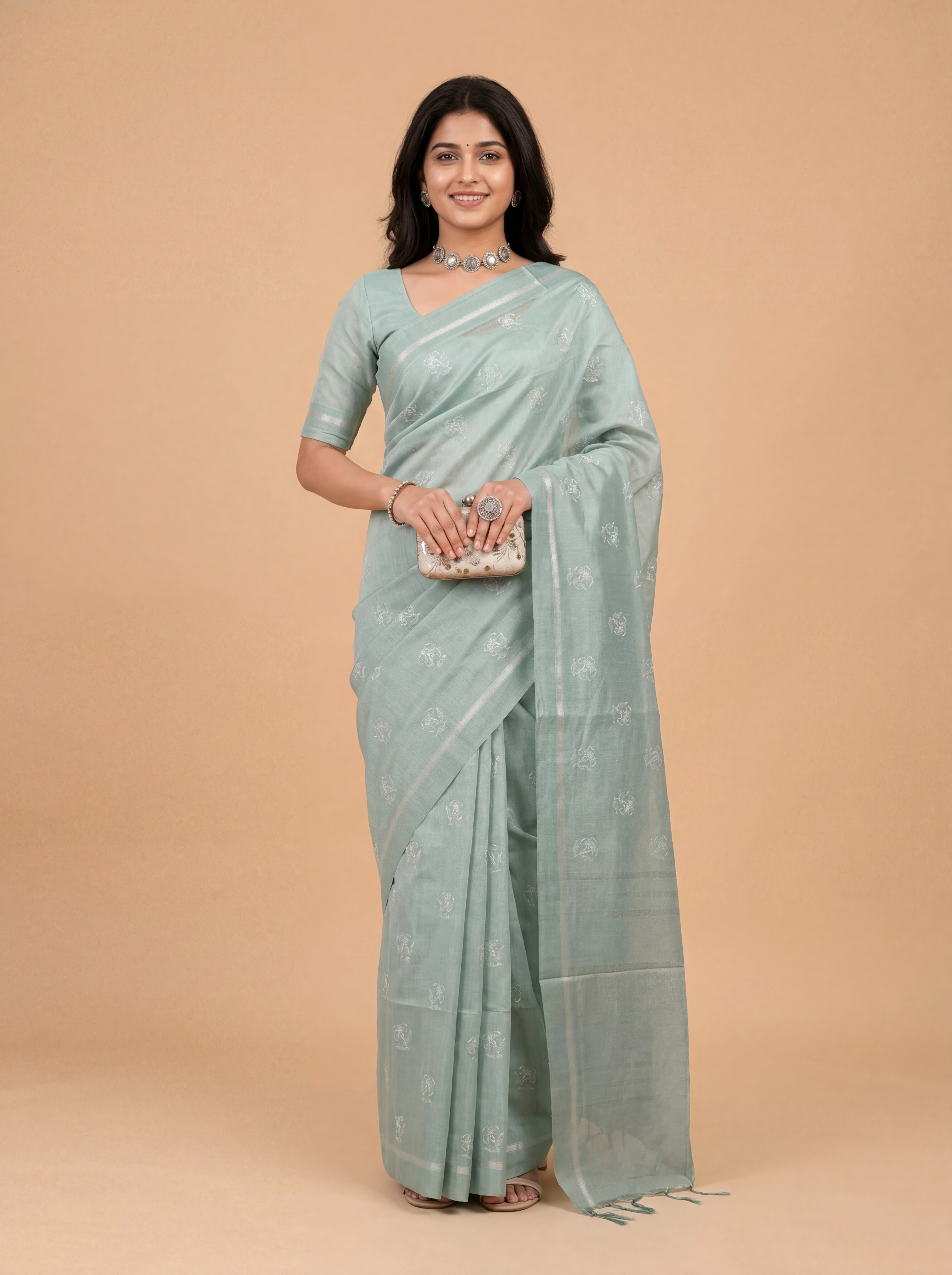 Women Semi Tussar Embroidered Mint Green Saree ST353