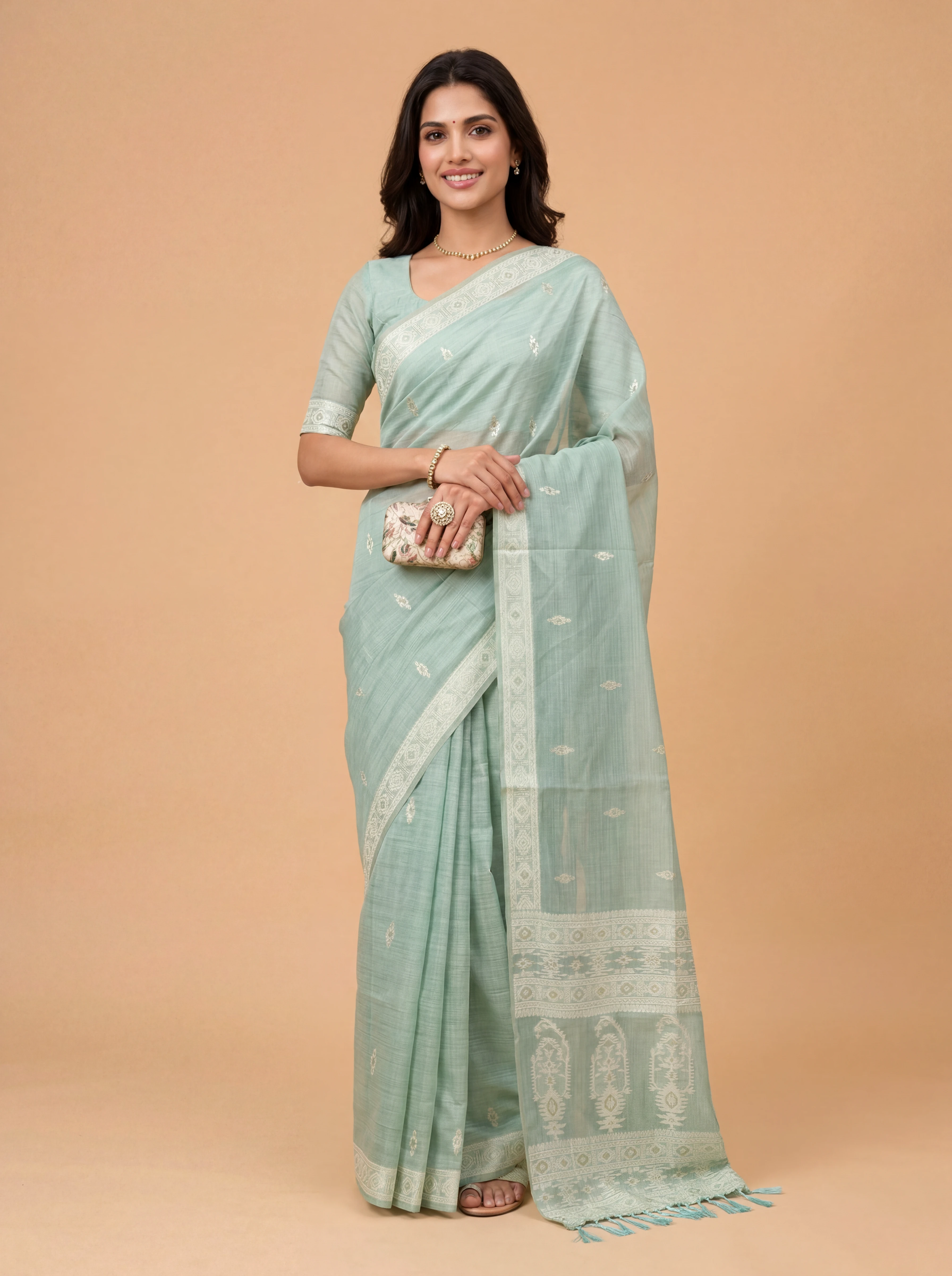 Women Mint Green Spun Poly Saree SP04