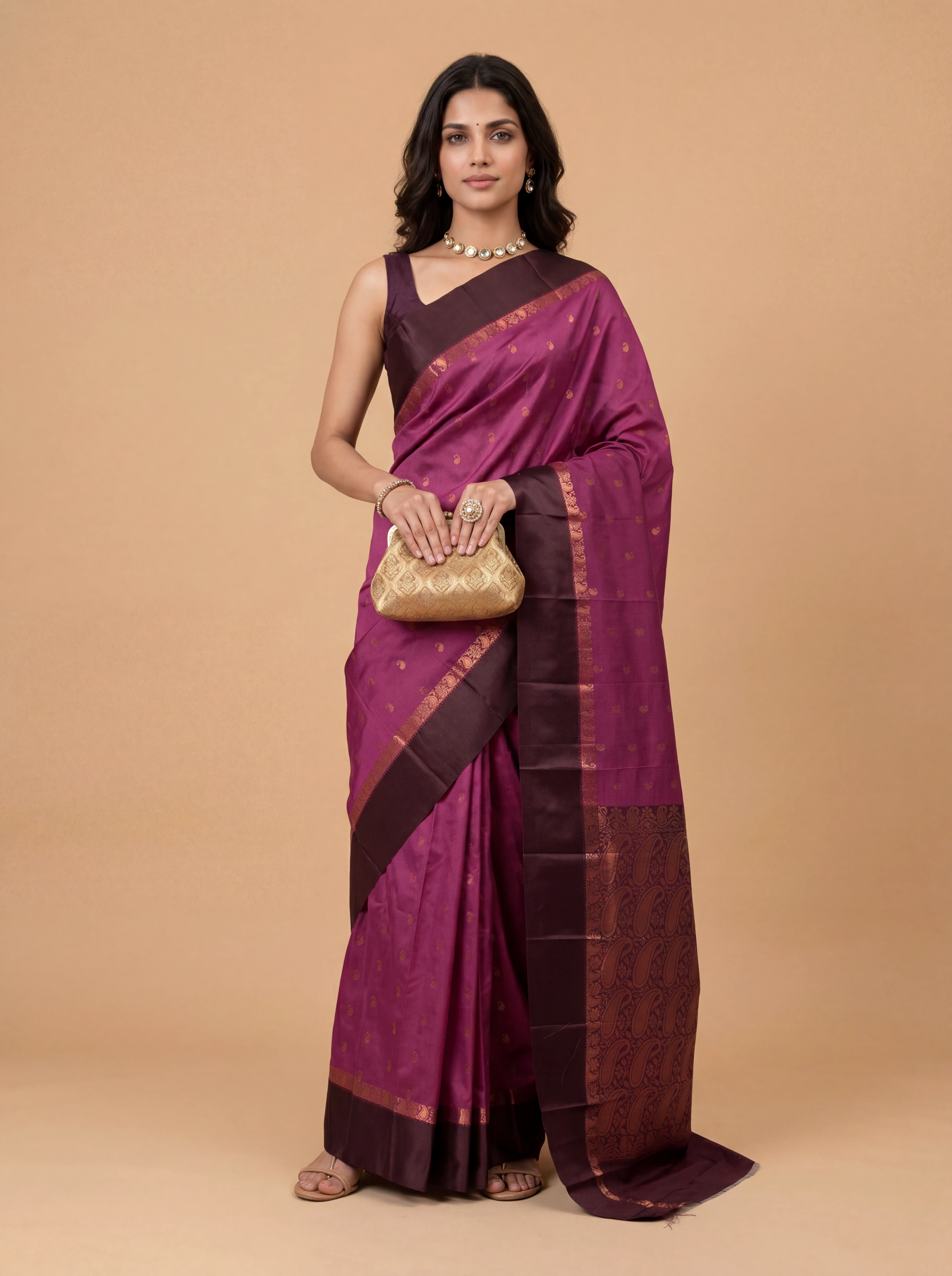 Women Art Silk Dark Pink with Brown Saree ASS144